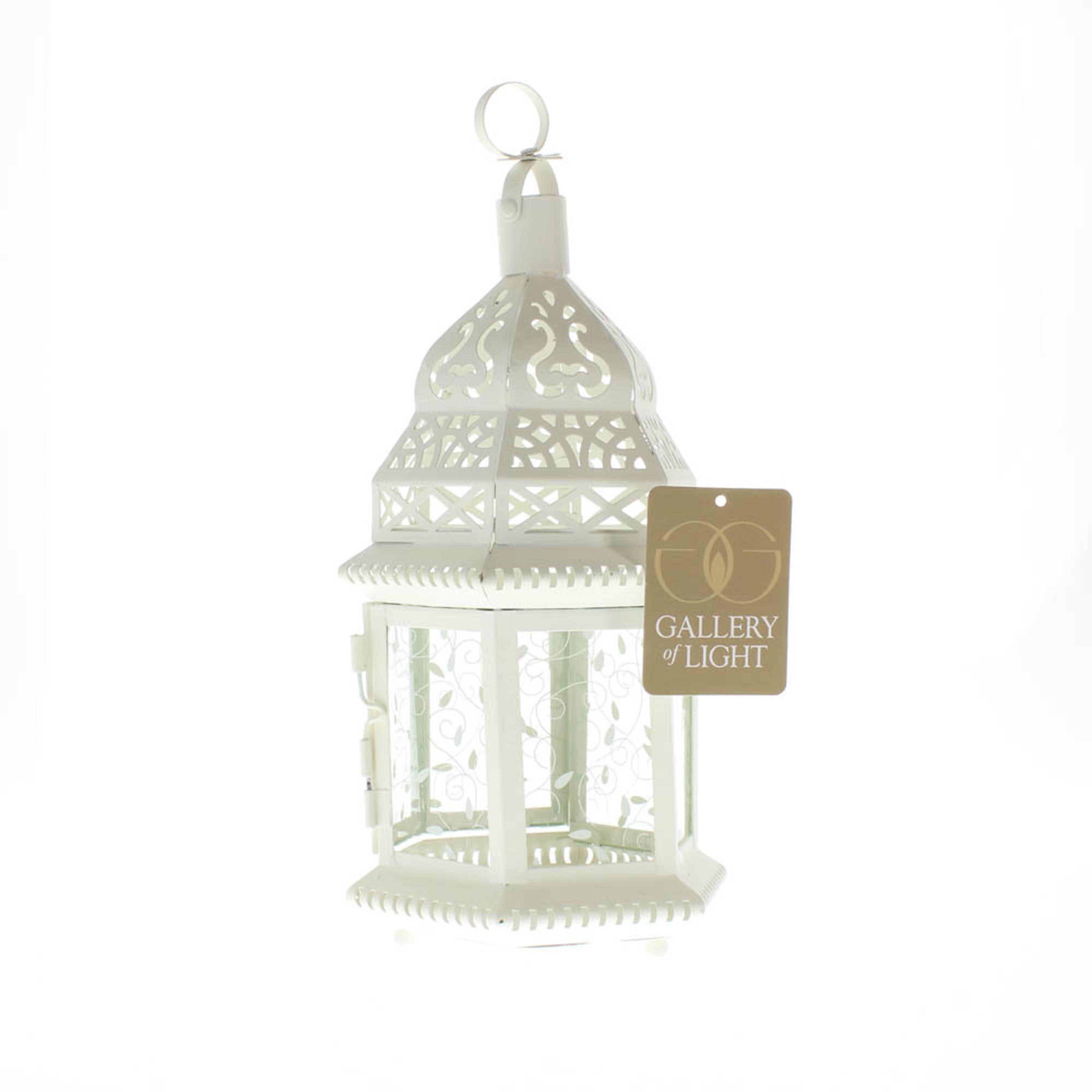 12&#x22; White Moroccan Style Hanging Candle Lantern with Etched Floral Glass