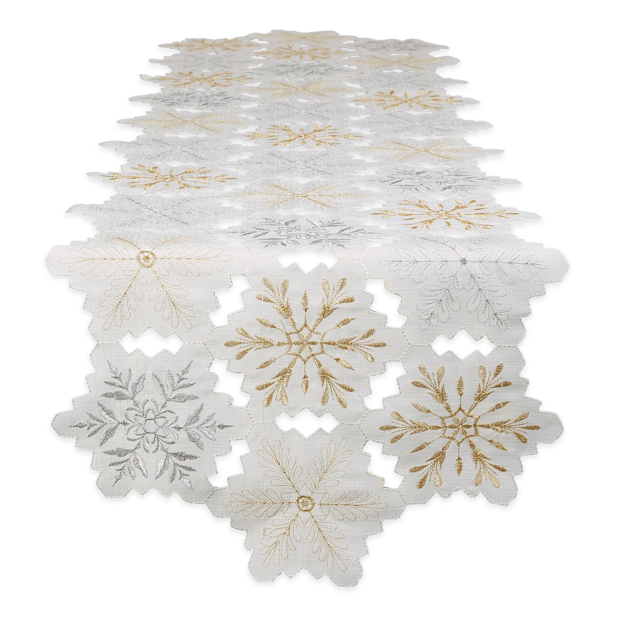 DII&#xAE; 54&#x22; White and Gold Embroidered Snowflakes Table Runner