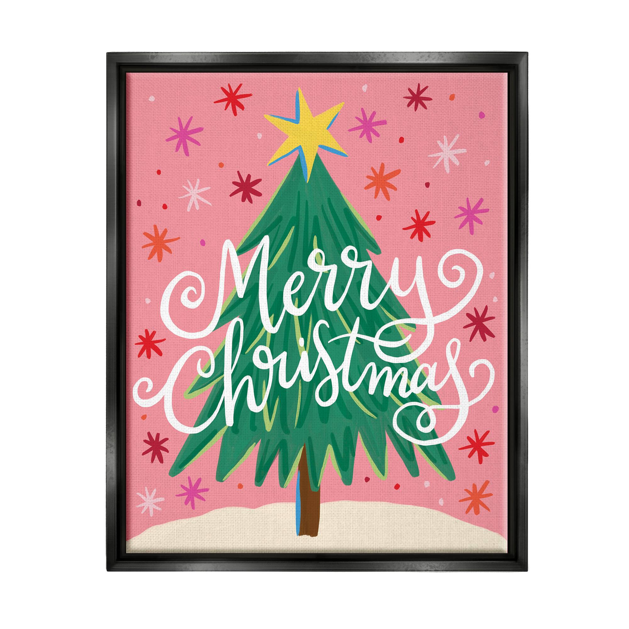 Stupell Industries Merry Christmas Pink Starry Pattern Framed Floater Canvas Wall Art