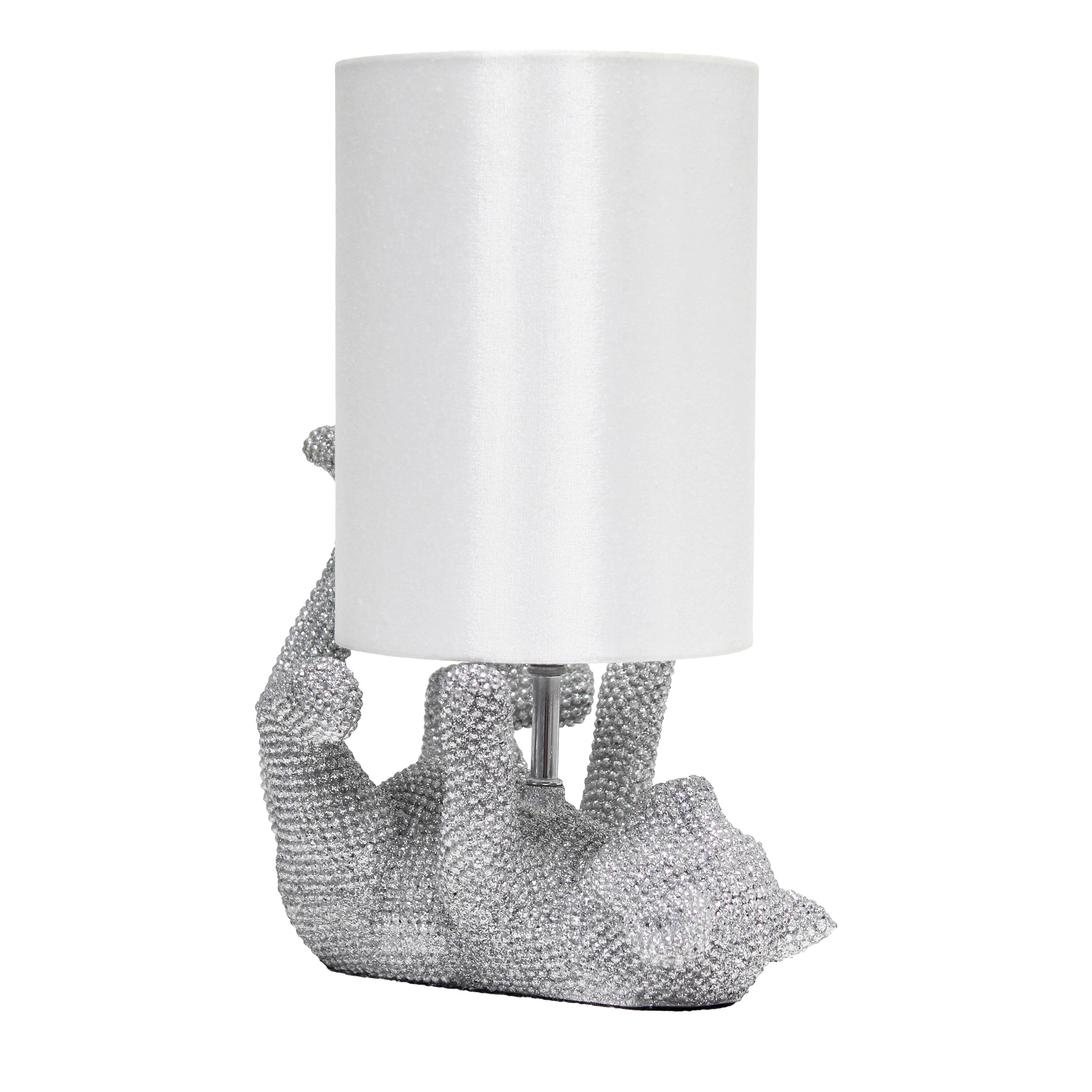 Lalia Home 12.6&#x22; Silver Diamond Studded Cat Table Lamp with Faux Silk Shade