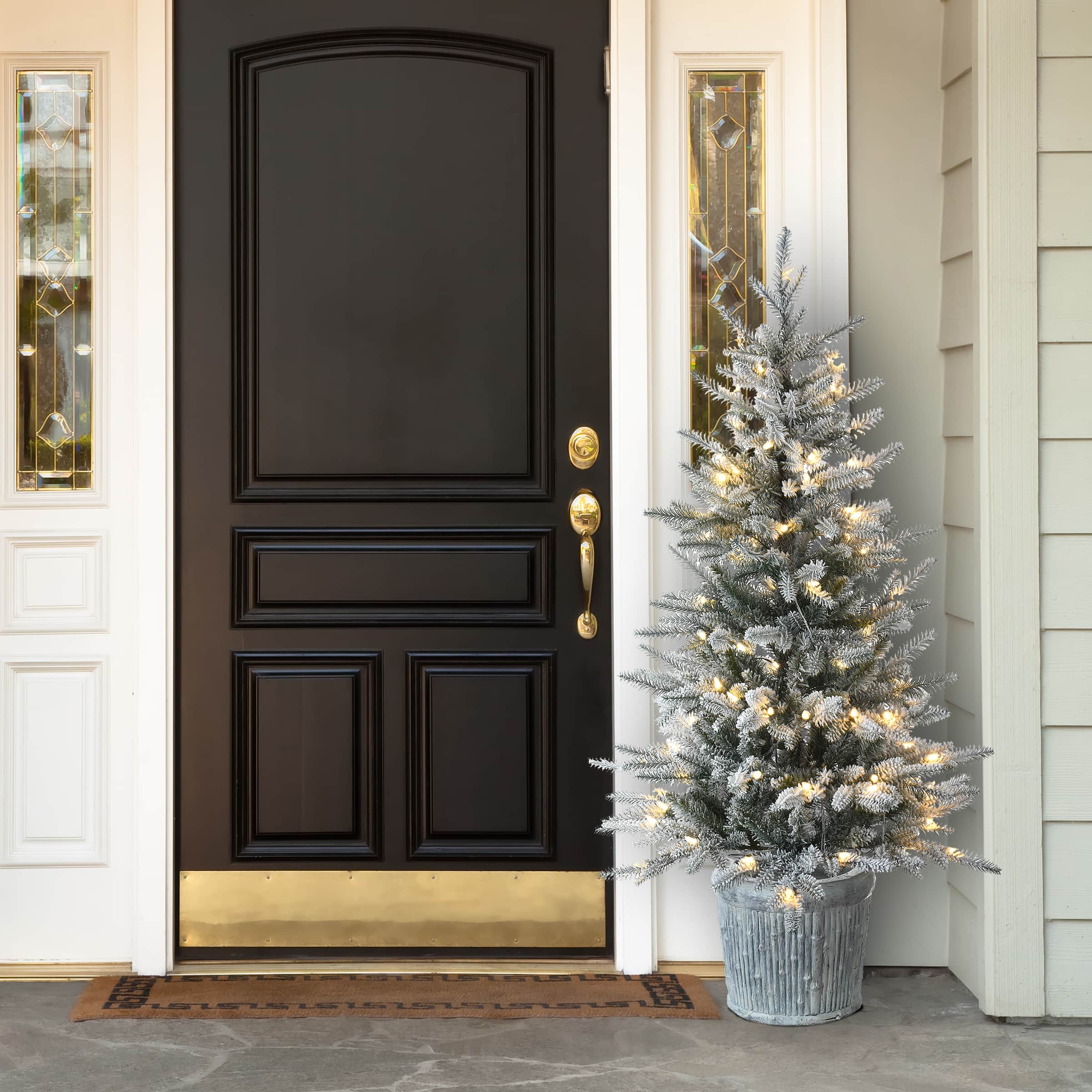 4.5ft. Pre-Lit Flocked Alpine Fir Entrance Tree In Gray Pot, Clear LED Lights