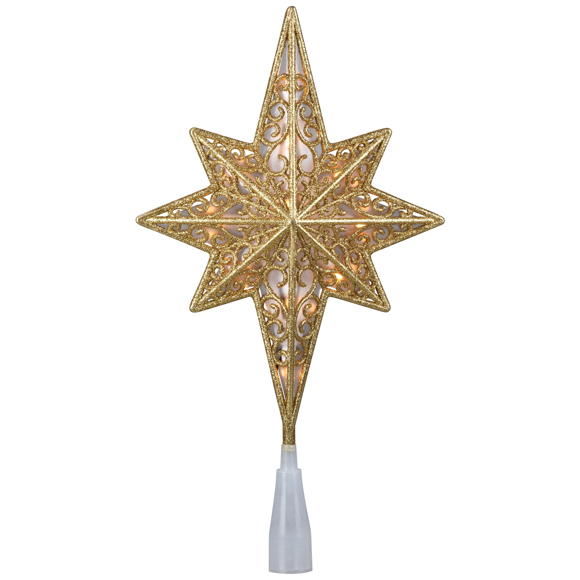 Lighted Frosted Clear and Gold Scroll Star of Bethlehem Christmas Tree Topper - 11&#x22; - Clear Lights