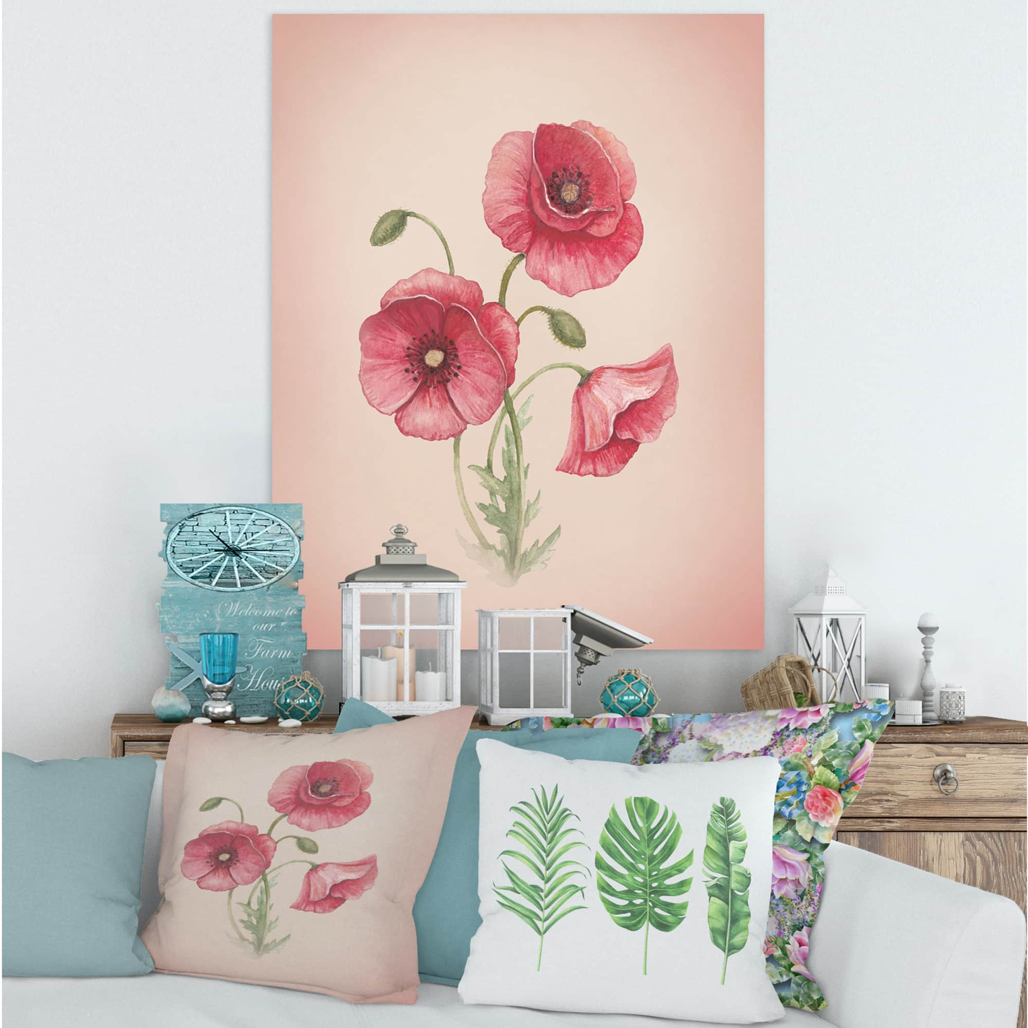 Designart - Retro Poppy Flowers - Vintage Canvas Wall Art Print