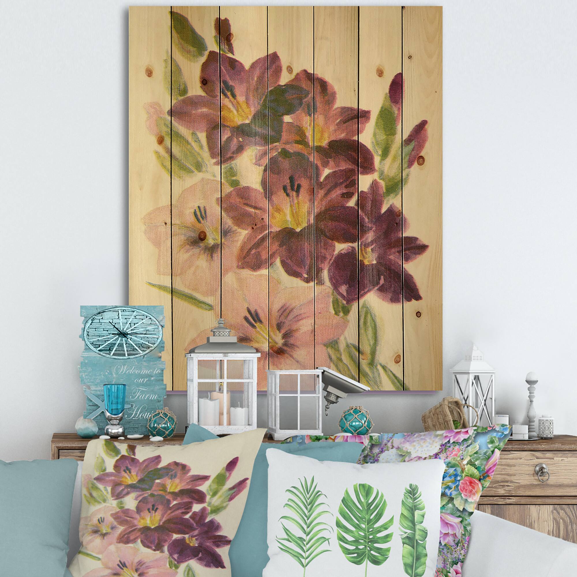 Designart - Retro Light and Dark Pink Gladiolus - Traditional Print on Natural Pine Wood