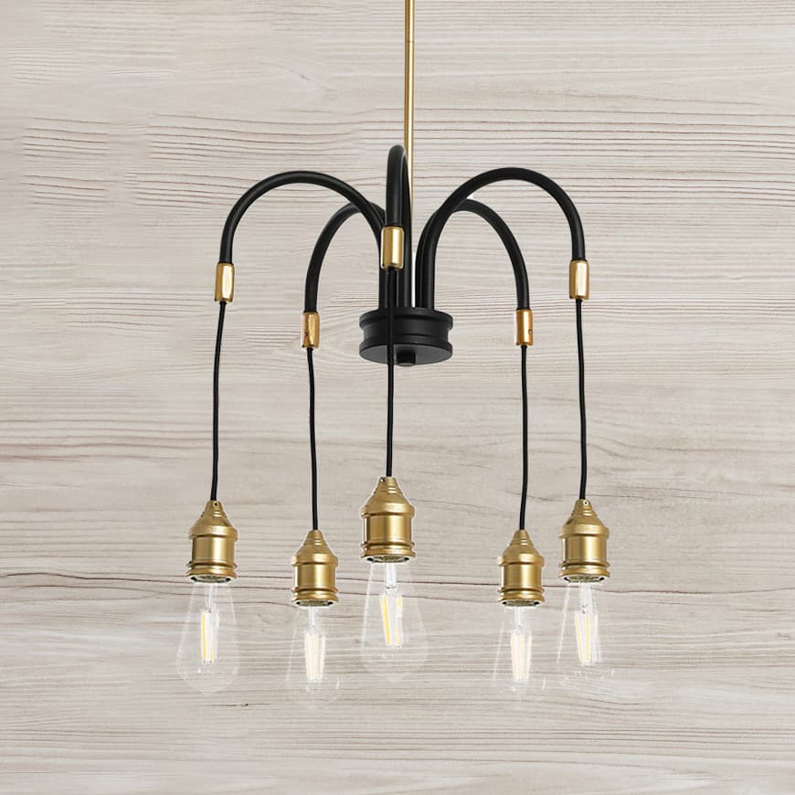 Robert Stevenson Lighting Harper 19&#x22; Black and Brass 5-Light Exposed Bulb 2-Tone Metal Chandelier