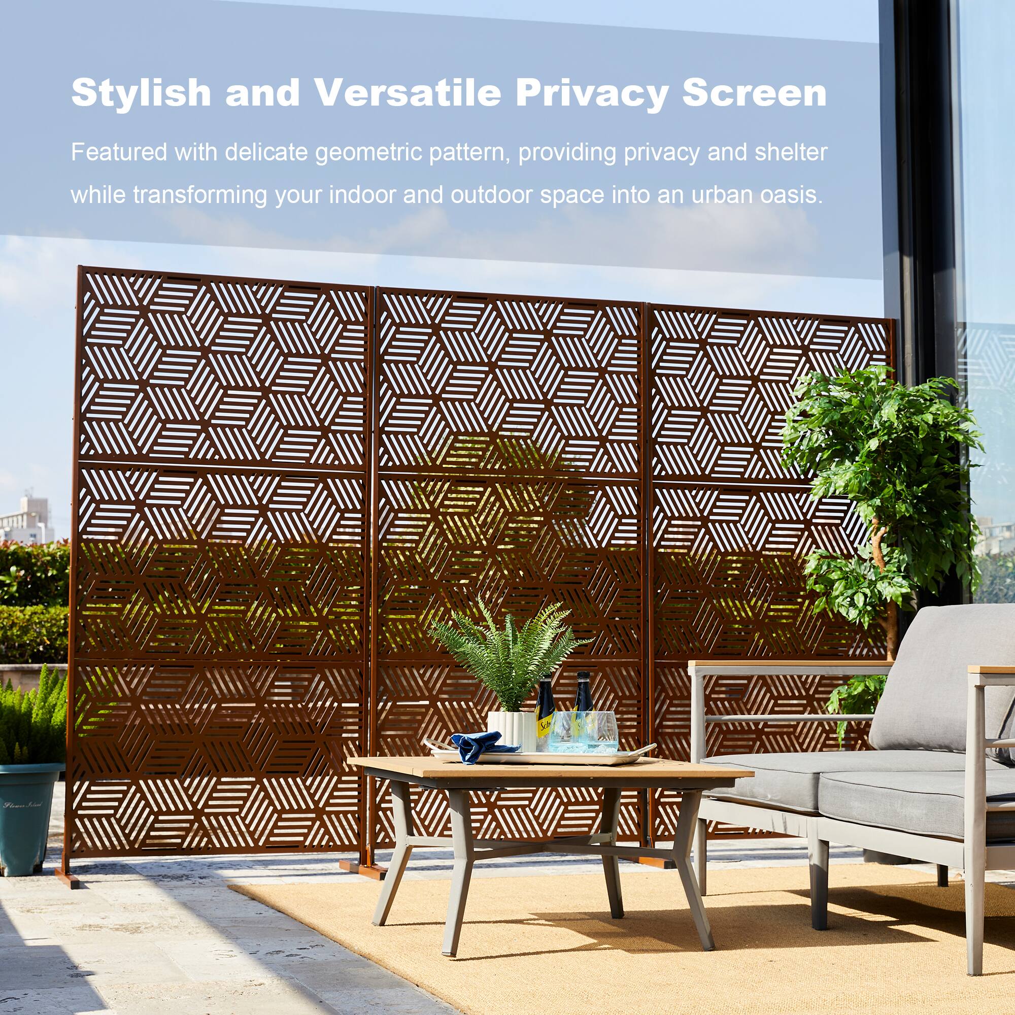 Glitzhome&#xAE; 6ft. Brown Galvanized Steel Geometric Pattern Privacy Screen Fence Panel &#x26; Room Divider