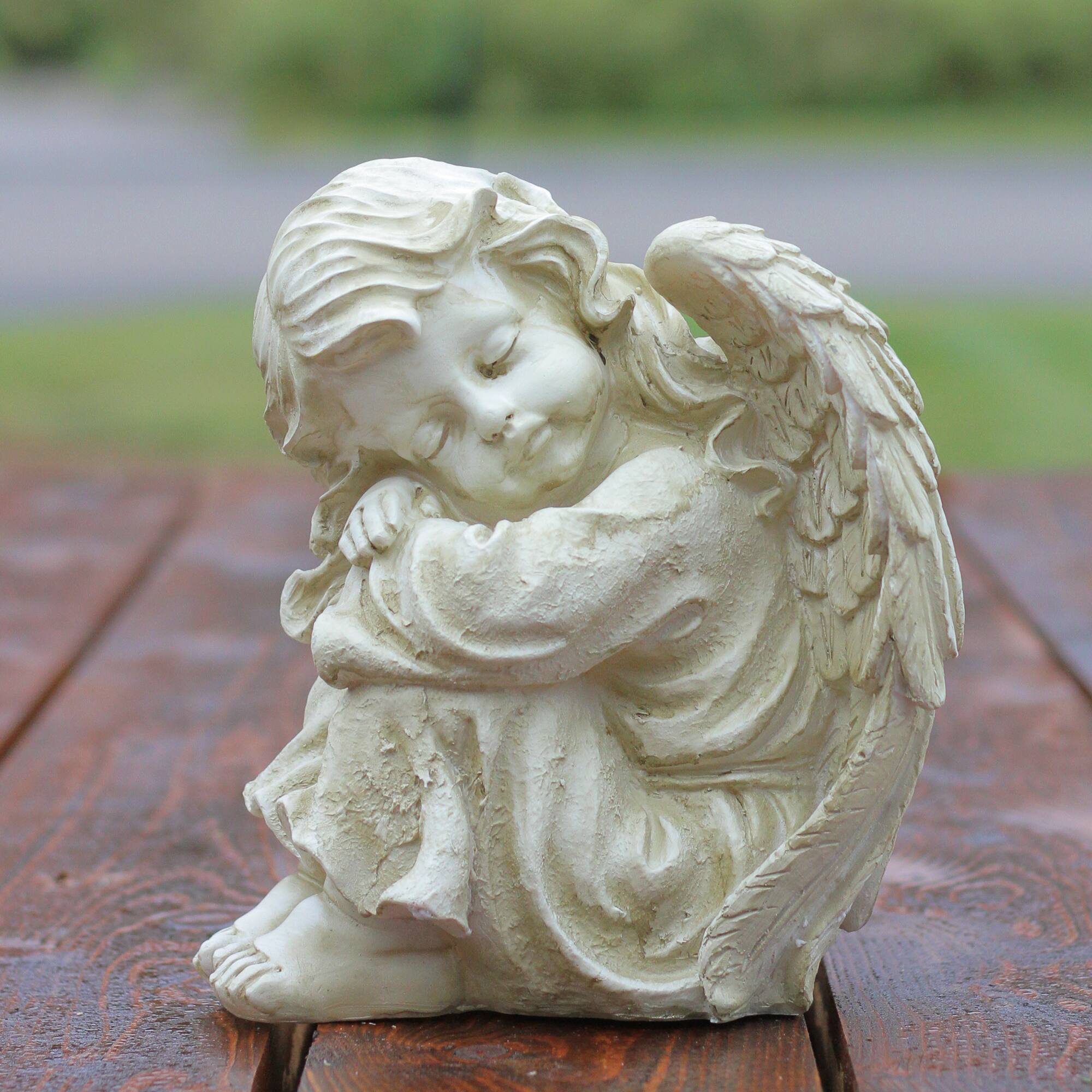 9.5" Heavenly Gardens Distressed Ivory Resting Cherub Angel Outdoor Garden Statue
