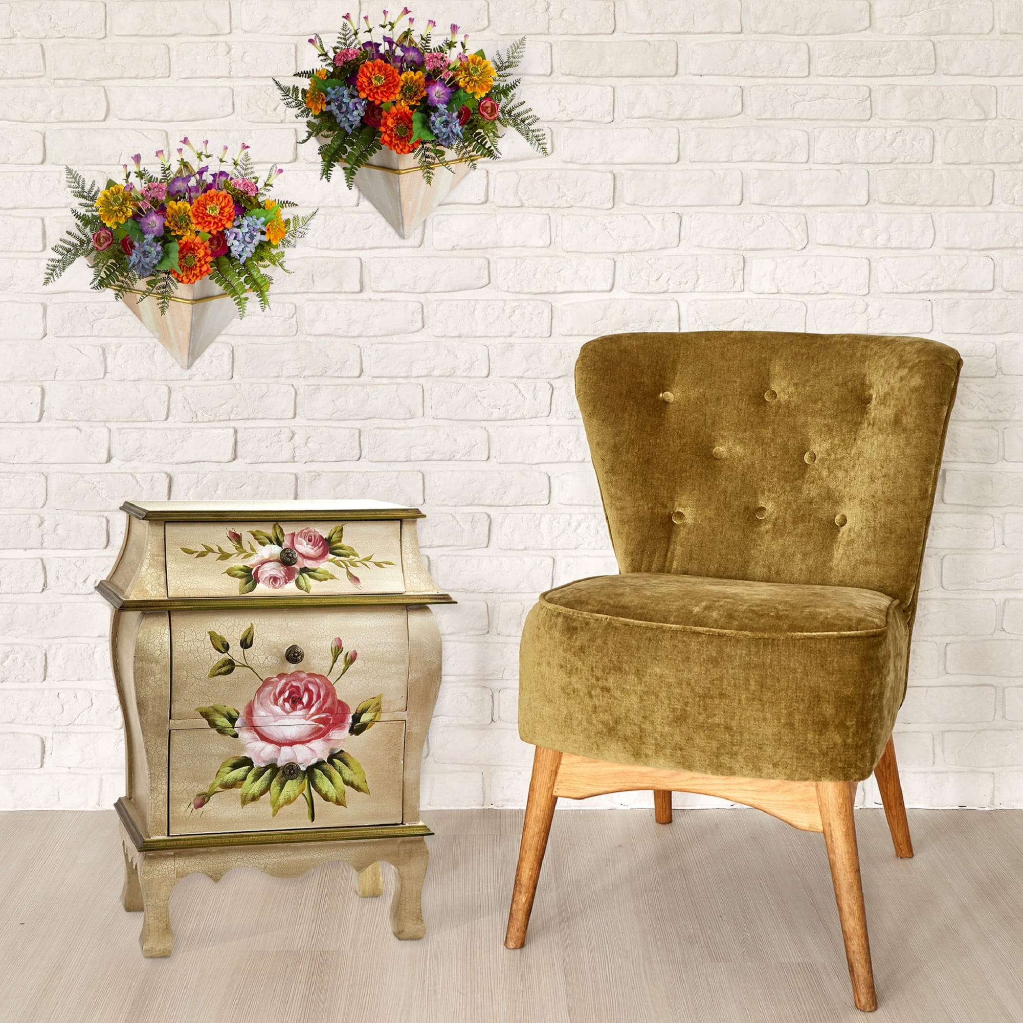 3-Drawer Antique Night Stand with Floral Art