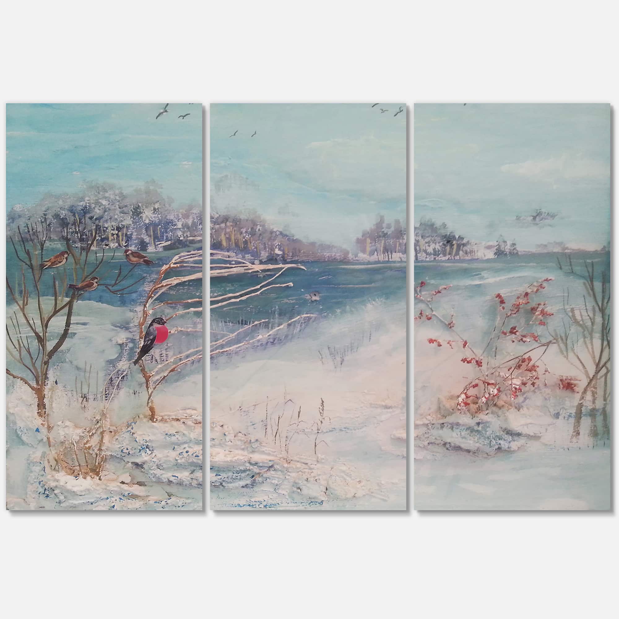 Designart - Winter Trees River and Birds - Lake House Canvas Wall Art Print
