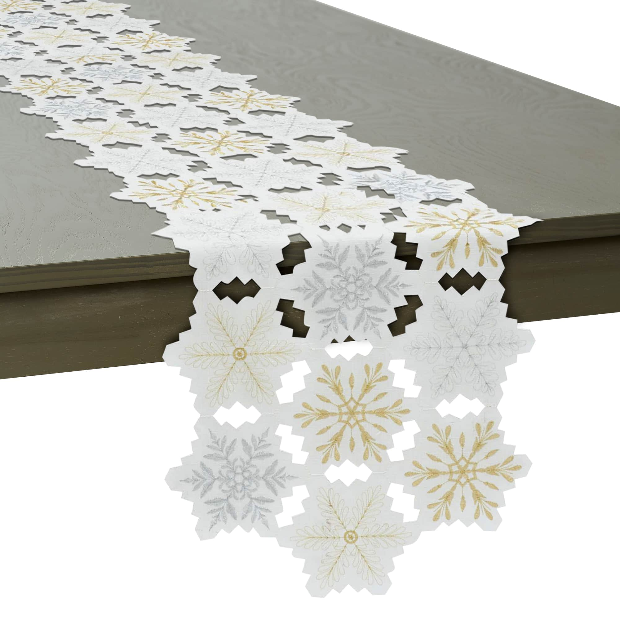 DII&#xAE; 54&#x22; White and Gold Embroidered Snowflakes Table Runner