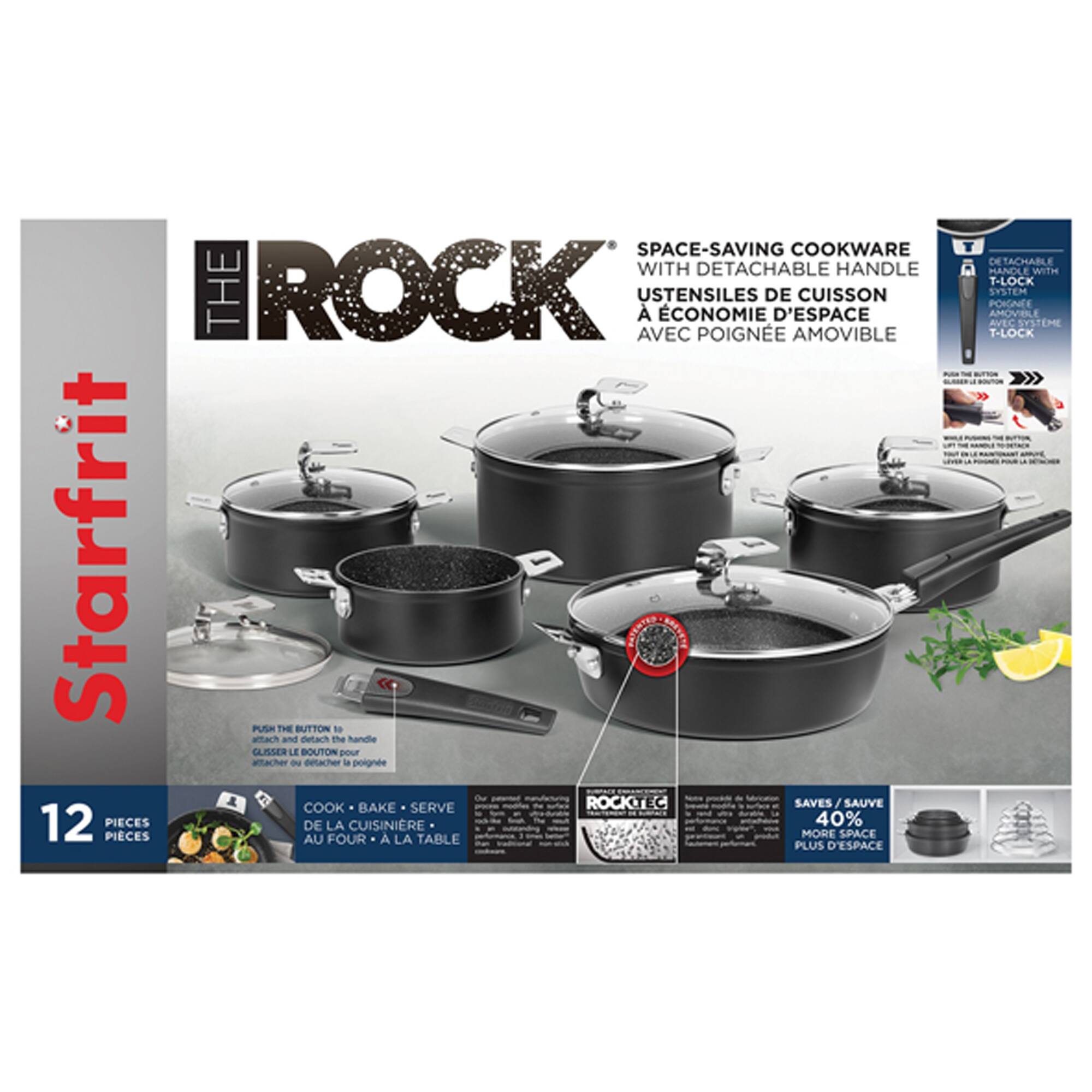THE ROCK by Starfrit 12-Piece Space-Saving Set With T-Lock Detachable Handles