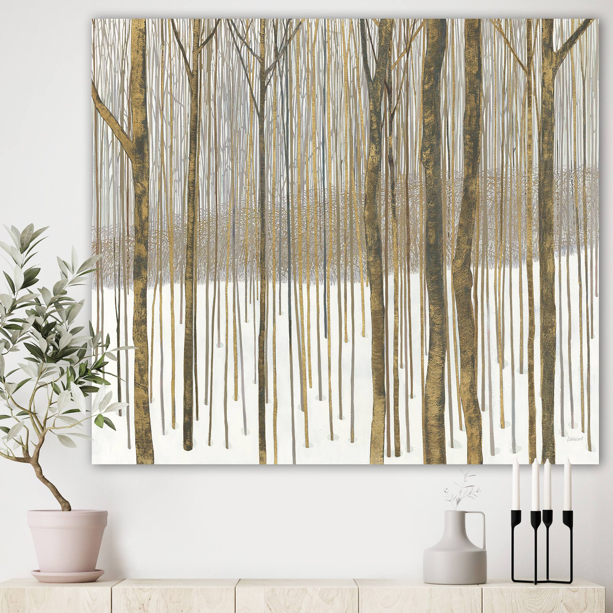 Designart - Forest in Winter Gold - Cabin & Lodge Canvas Art