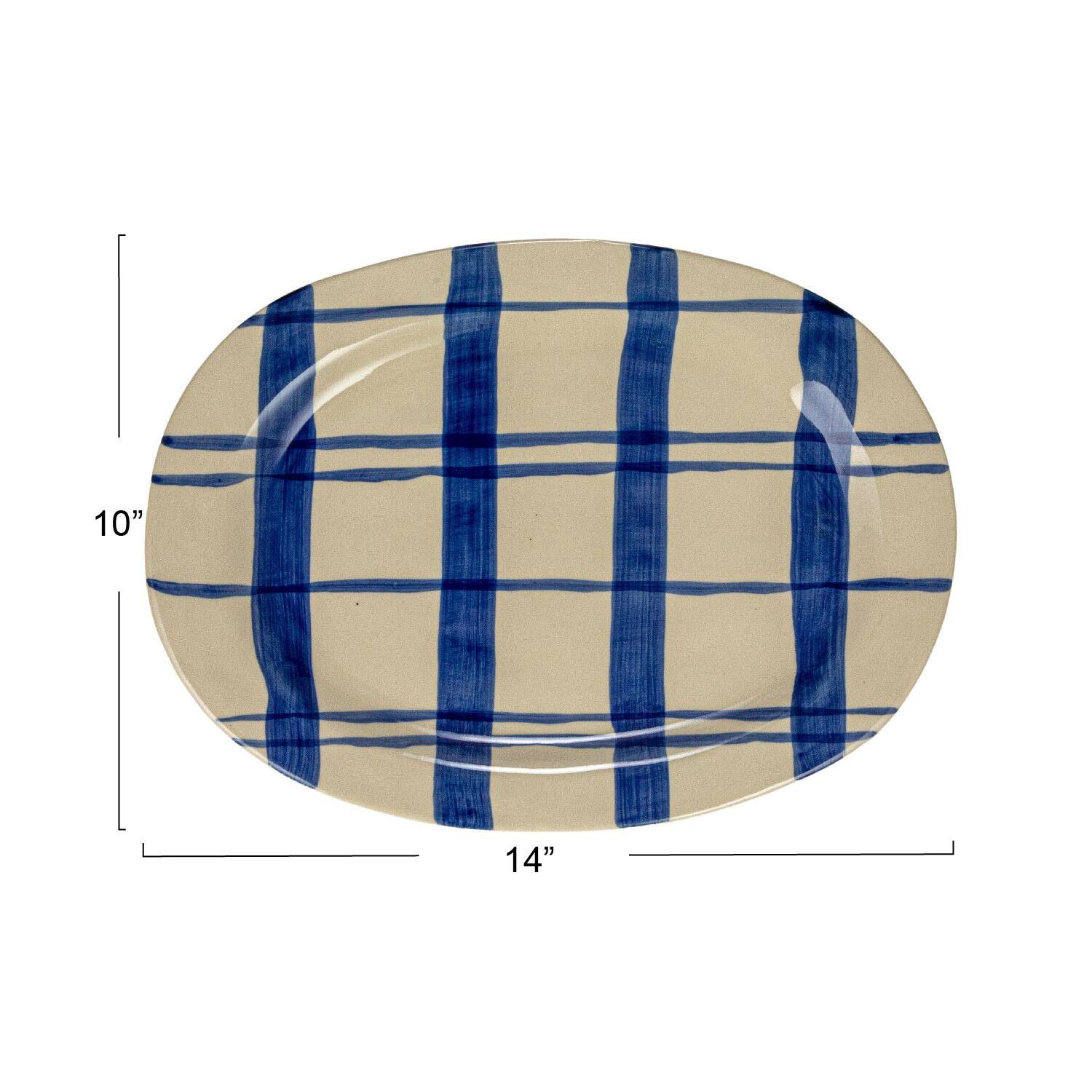 Hello Honey® 14" Hand-Painted Wax Relief Blue Stripe Oval Stoneware Platters, 2ct.