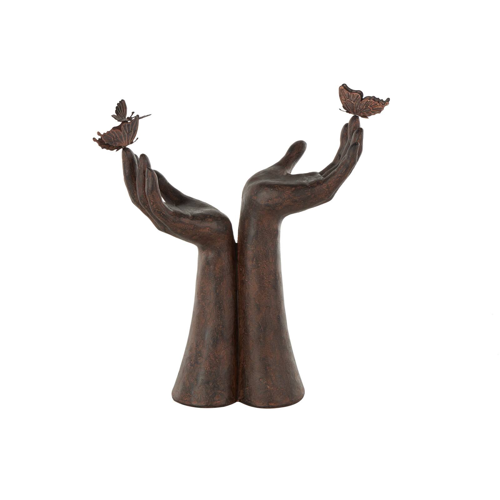 14.25" Dark Brown Hands Raised Decorative Sculpture with Butterfly Accents