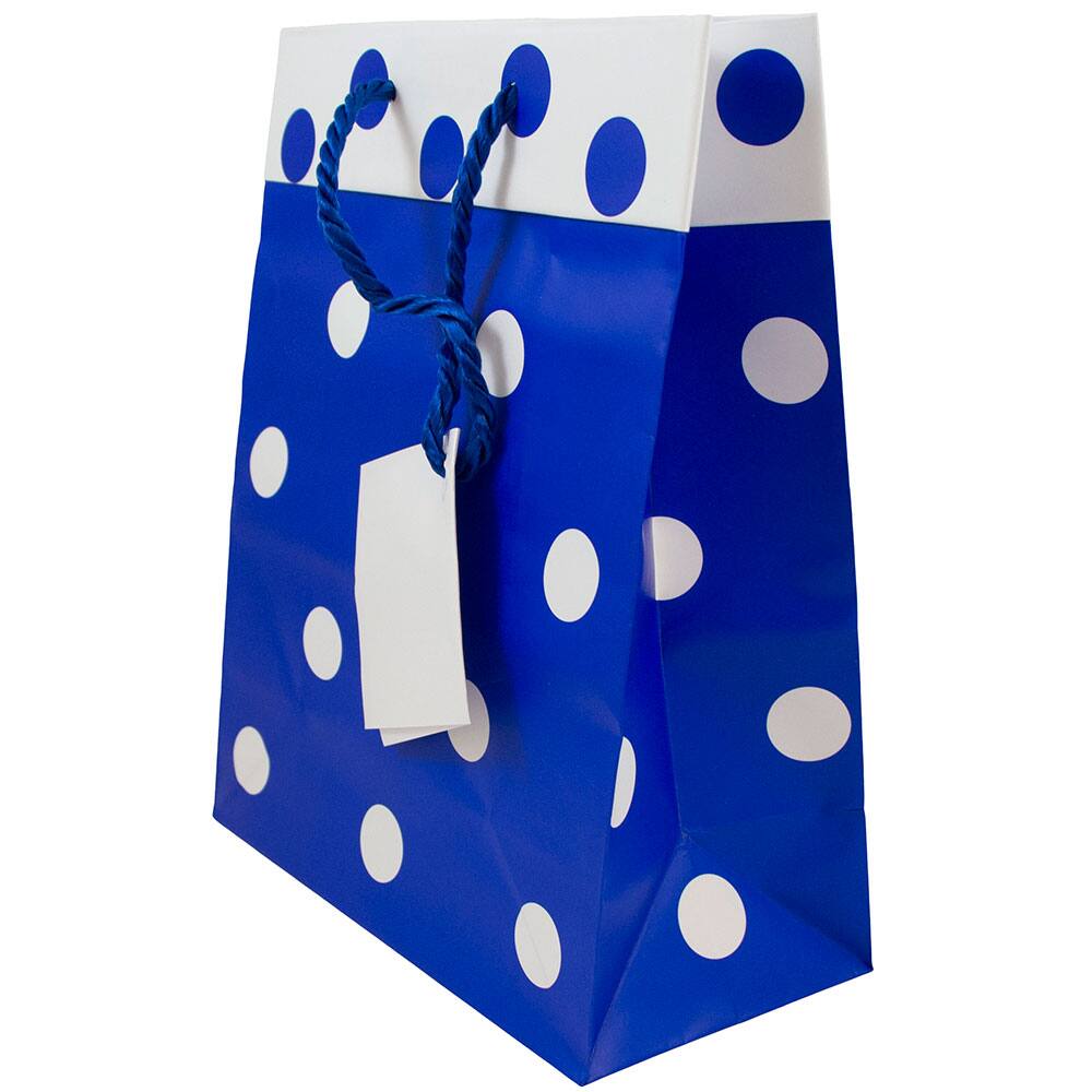 JAM Paper Medium Blue &#x26; White Polka Dot Matte Gift Bags, 24ct.