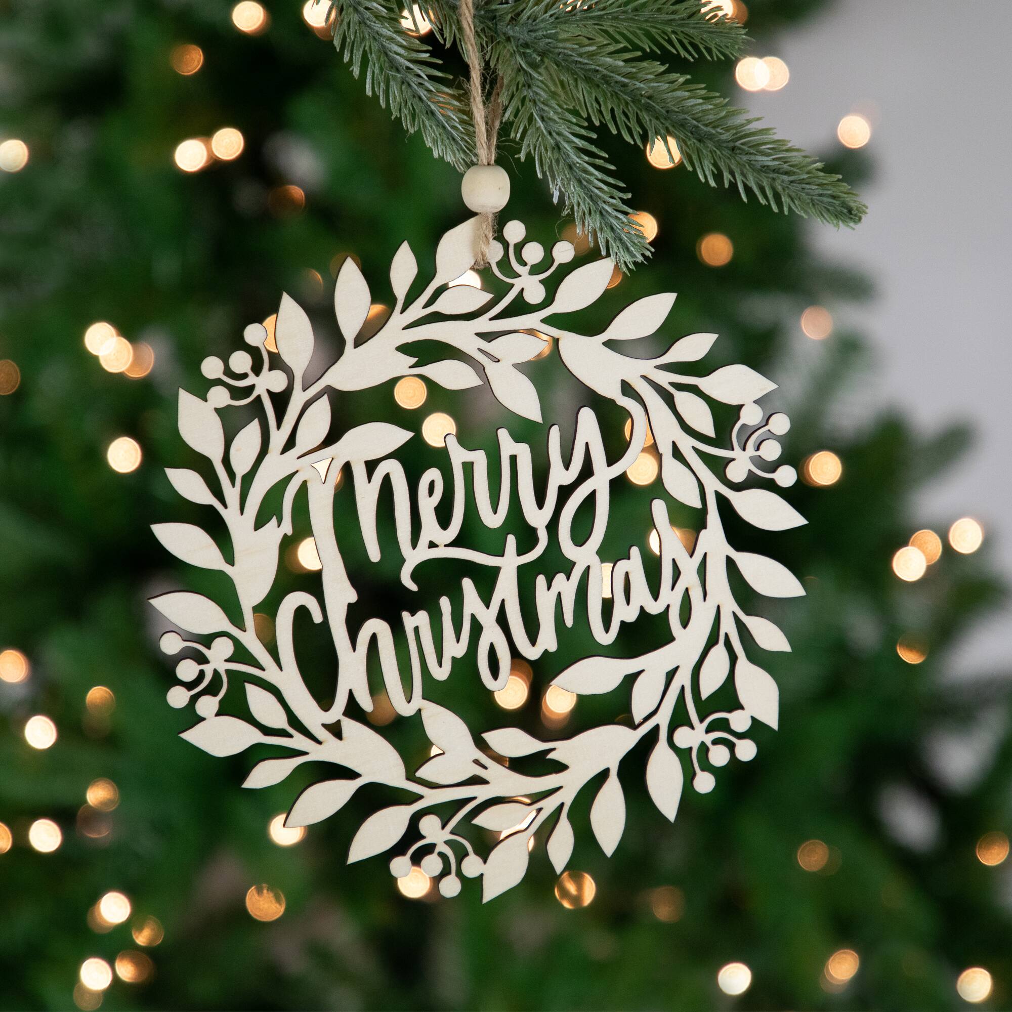 8" Natural "Merry Christmas" Wooden Wreath Ornament