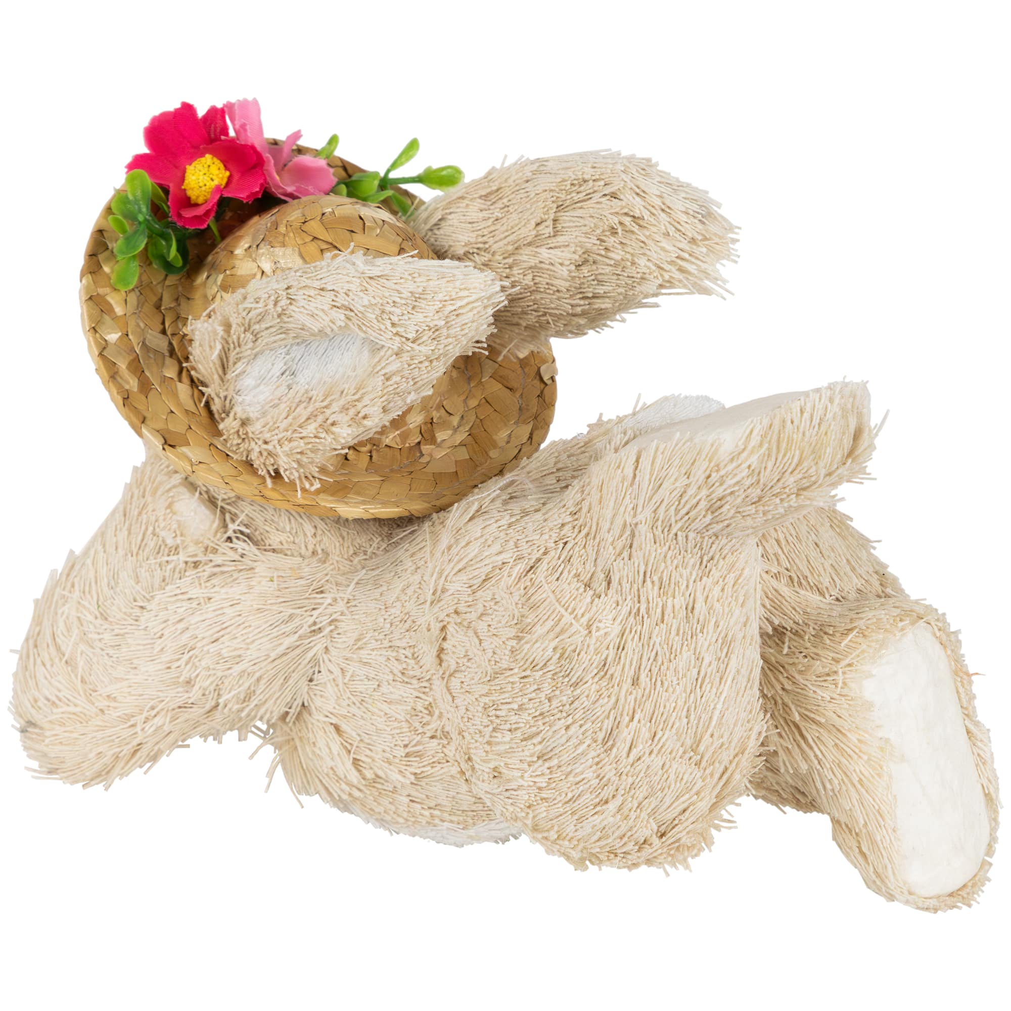 8.75&#x22; Beige Rabbit with Floral Straw Hat Easter Figurine