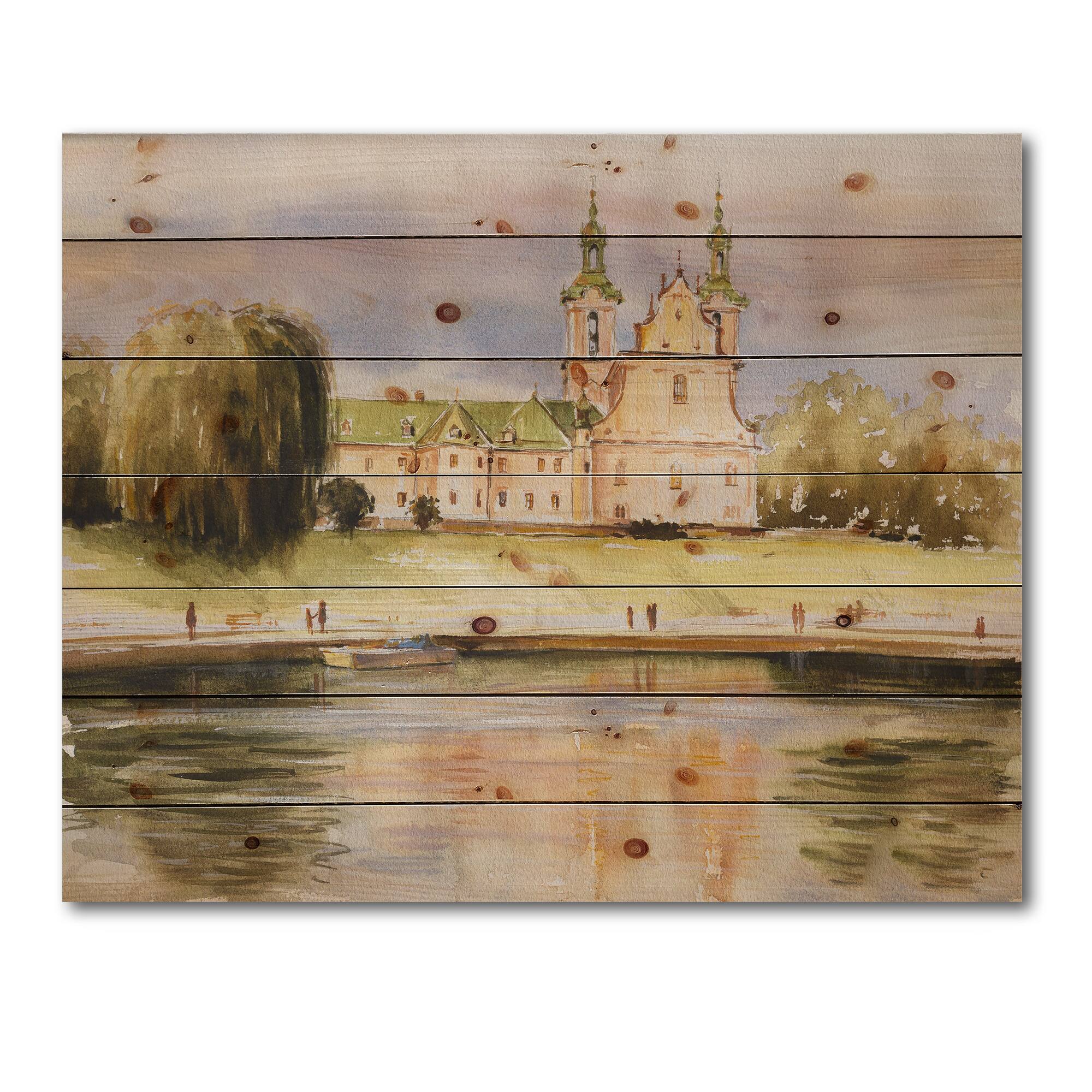 Designart - Historic Church On The Rock On Banks of The River - Lake House Print on Natural Pine Wood