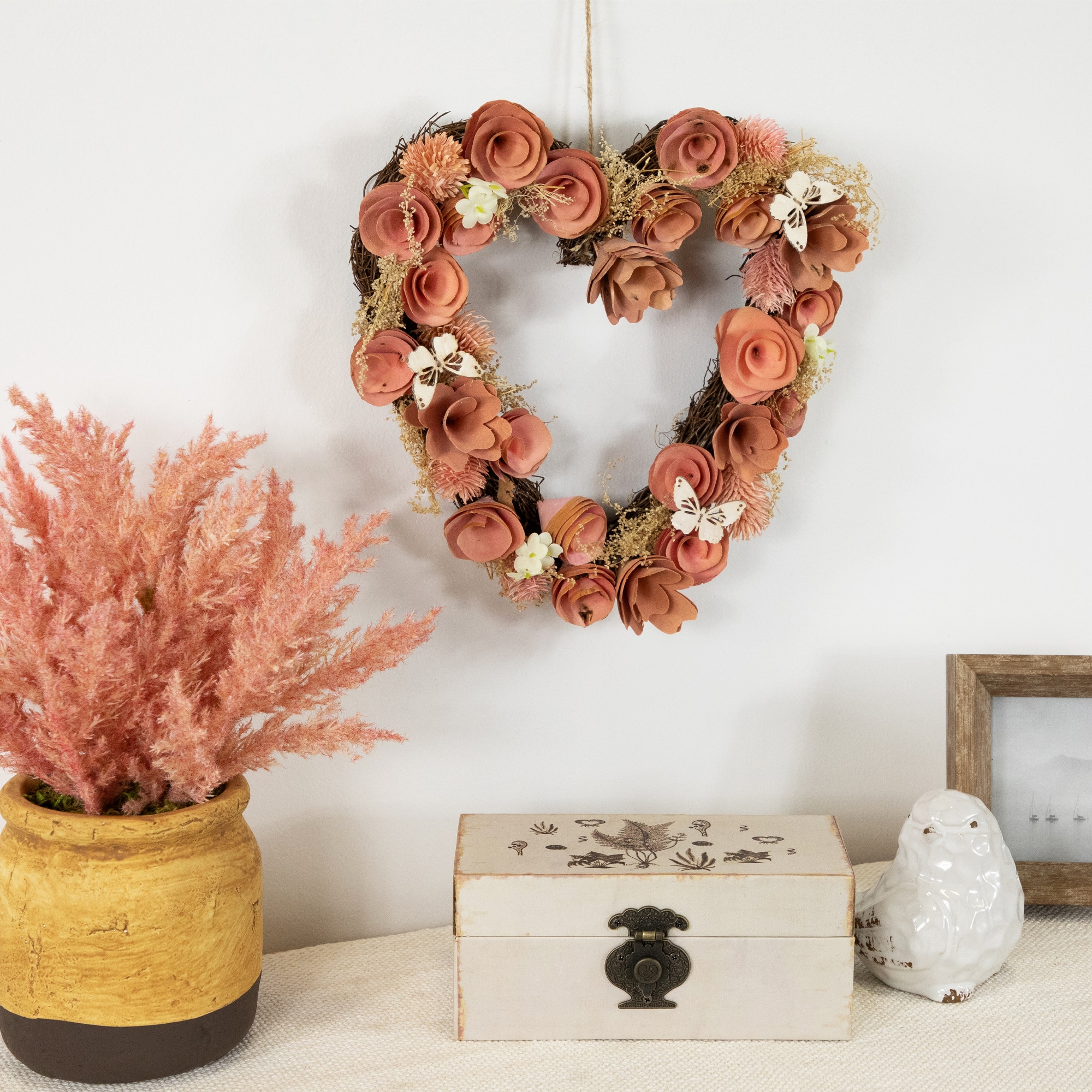 10&#x22; Pink Wooden Rose Heart Spring Wreath with Butterflies