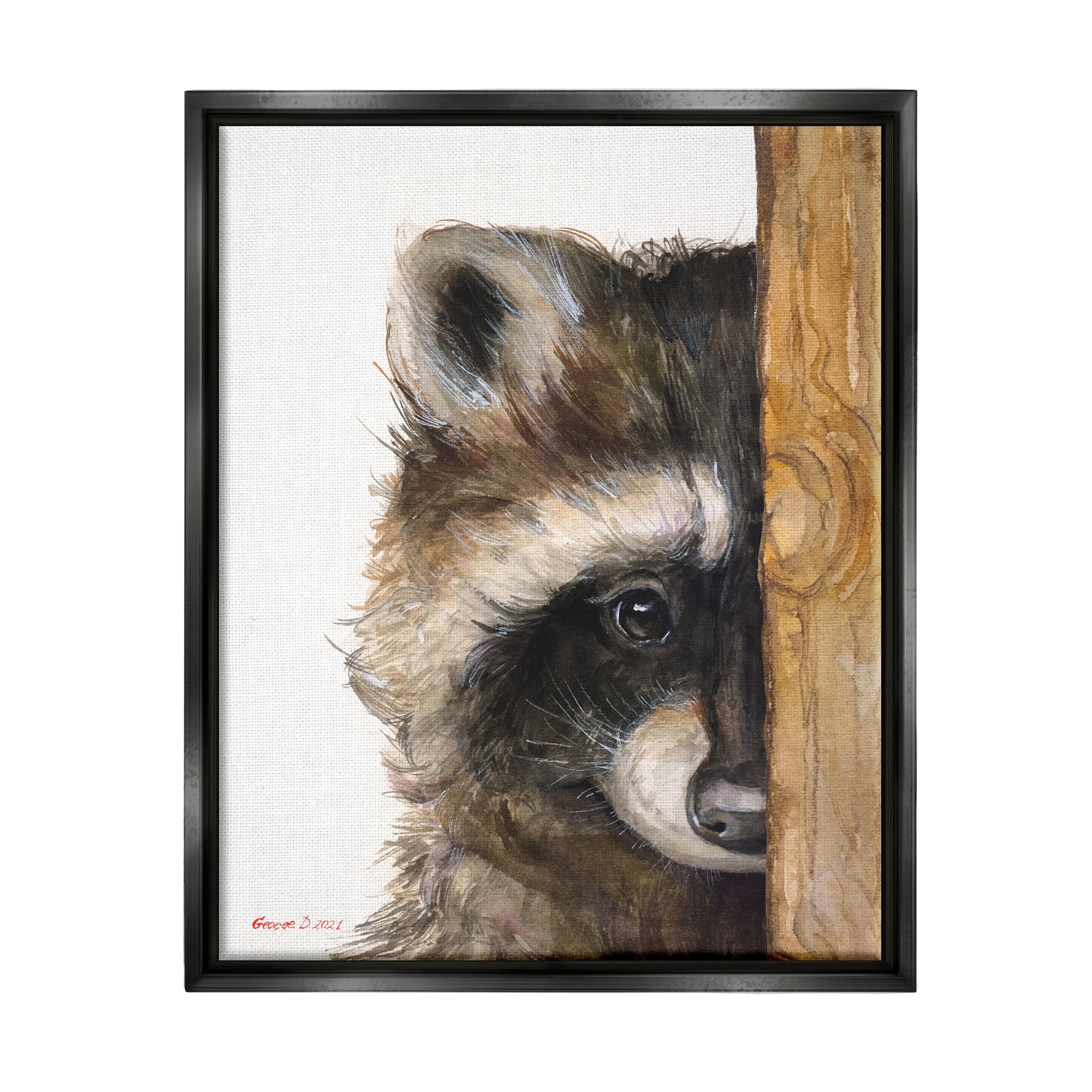 Stupell Industries Raccoon with Wood Fence Illustration Framed Floater Canvas Wall Art