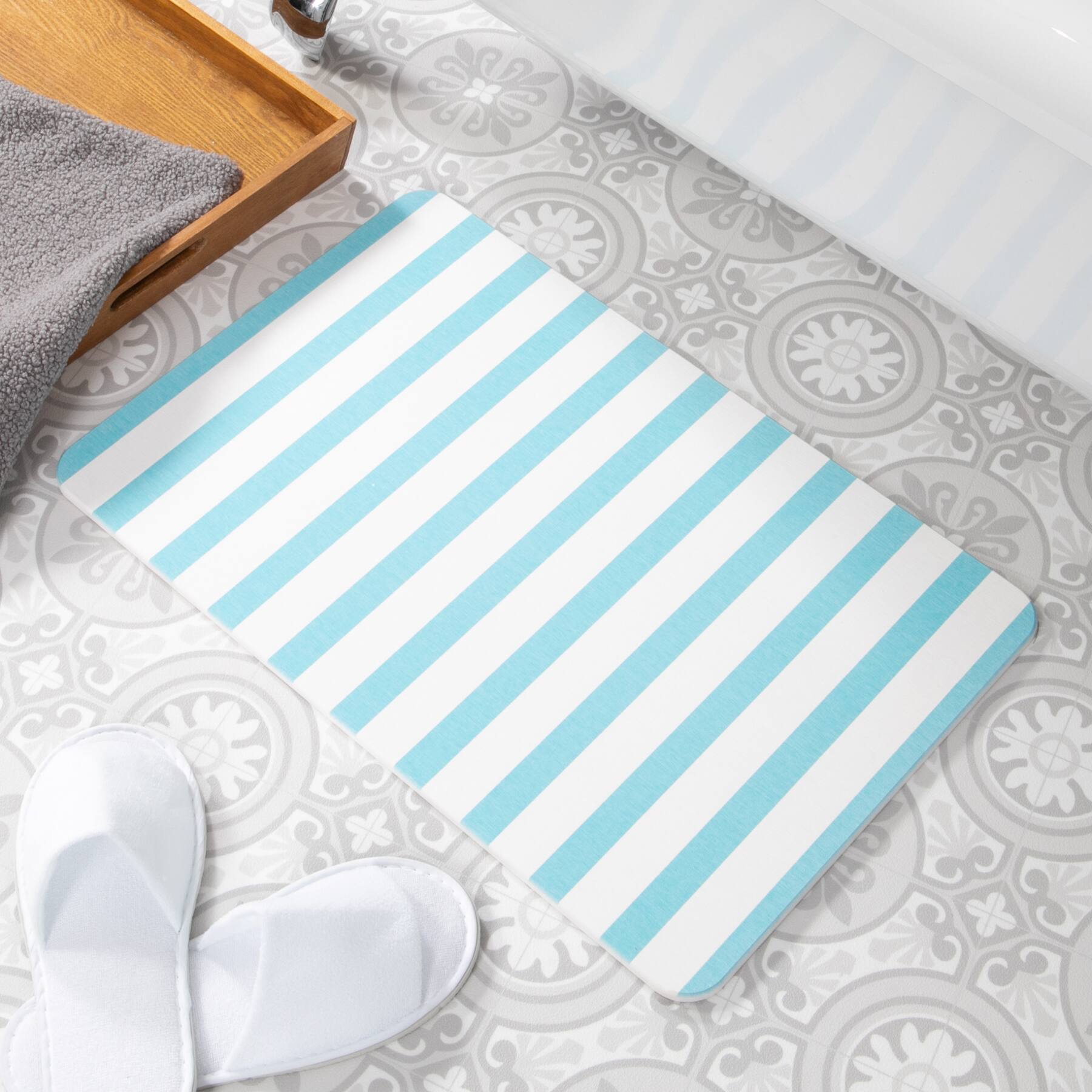 Artsy Mats Blue Stripe White Stone Non-Slip Bath Mat