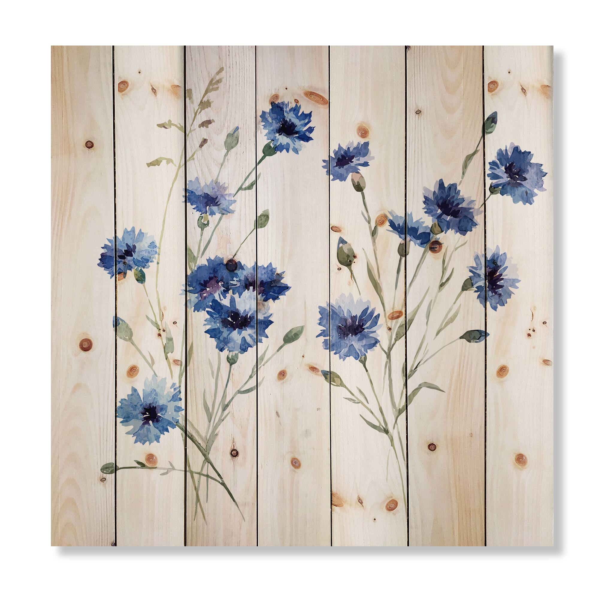 Designart - Blue Cornflowers With Green Leaves III - Traditional Print on Natural Pine Wood