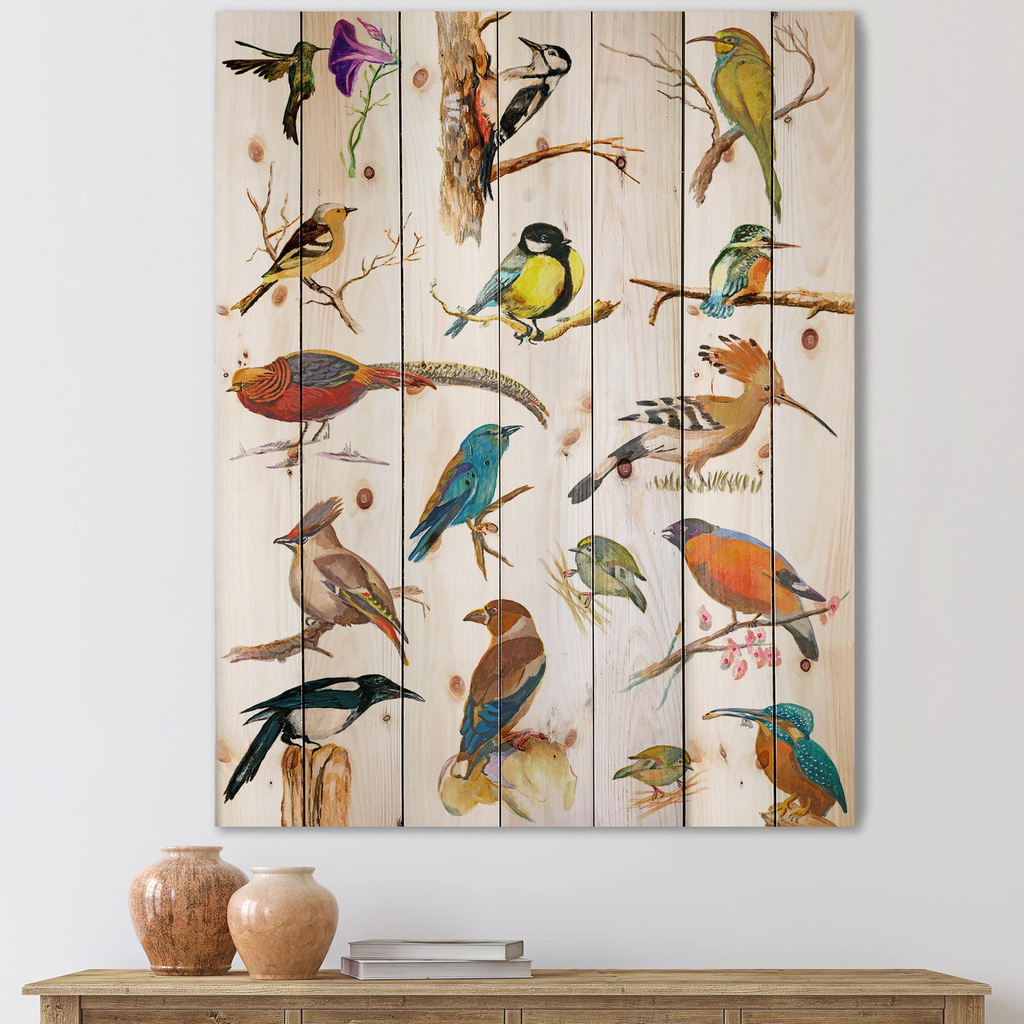 Designart - Vibrant Colored Birds Plancard - Traditional Print on Natural Pine Wood