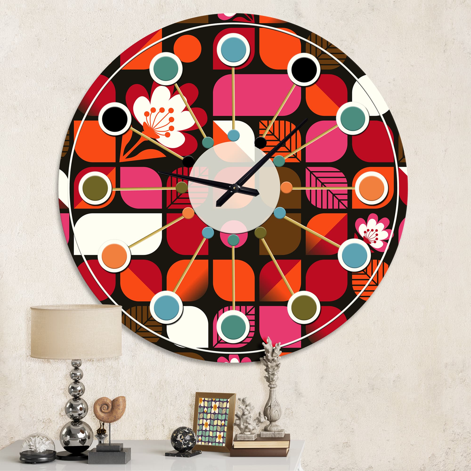 Designart Geometric Retro Flower Design I Mid-Century Modern Wall Clock