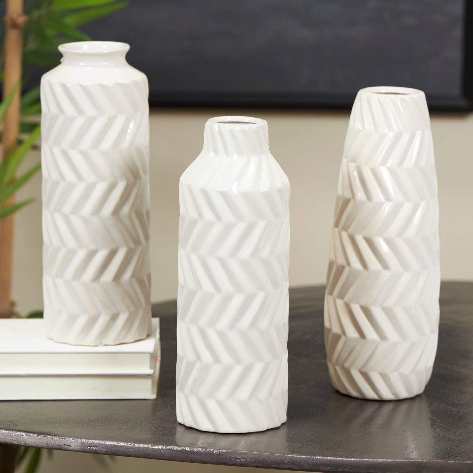 White Ceramic Dimensional Chevron Textured Vase with Varying Shapes Set