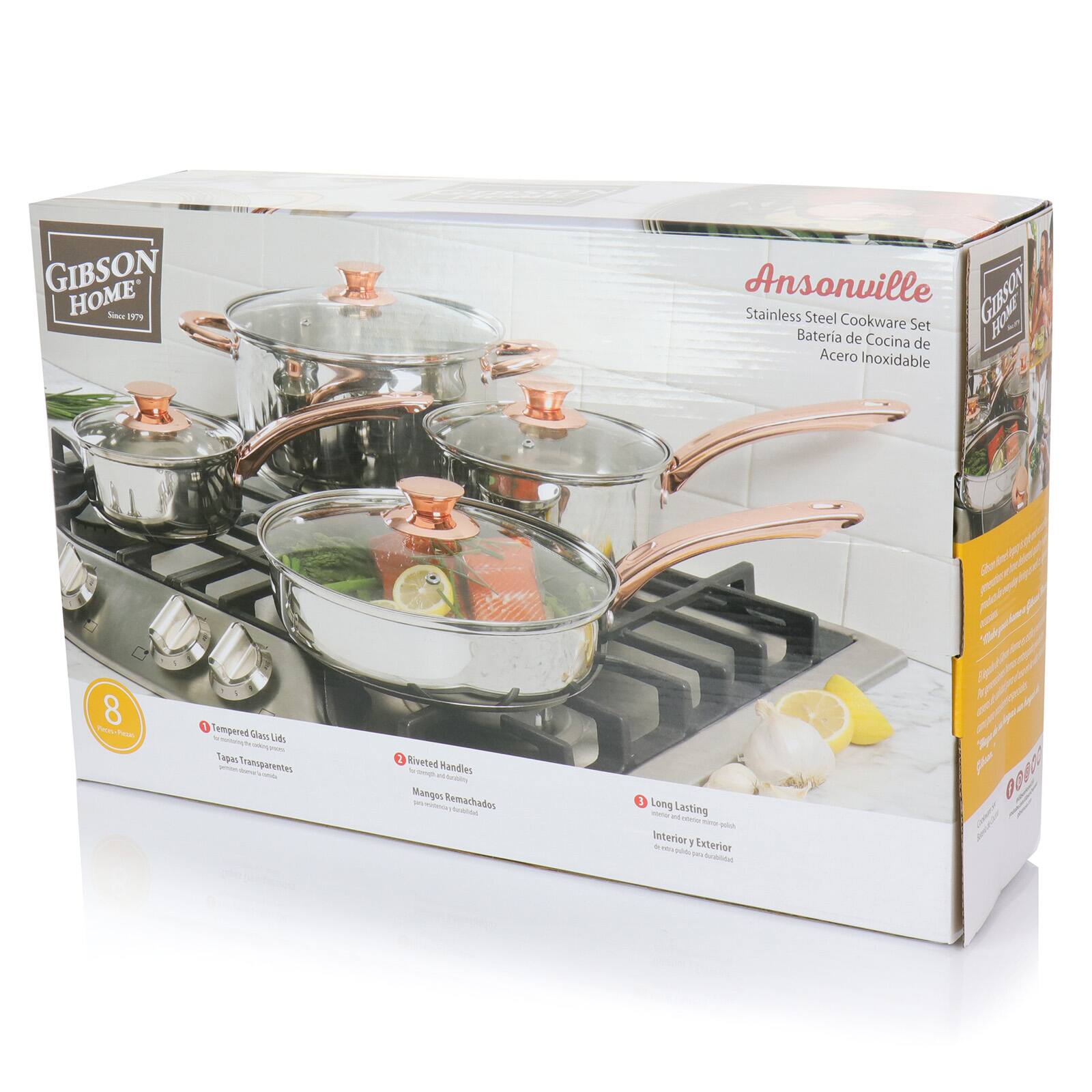 Gibson Home® Ansonville 8-Piece Stainless Steel Cookware Set with Rose Gold Handles