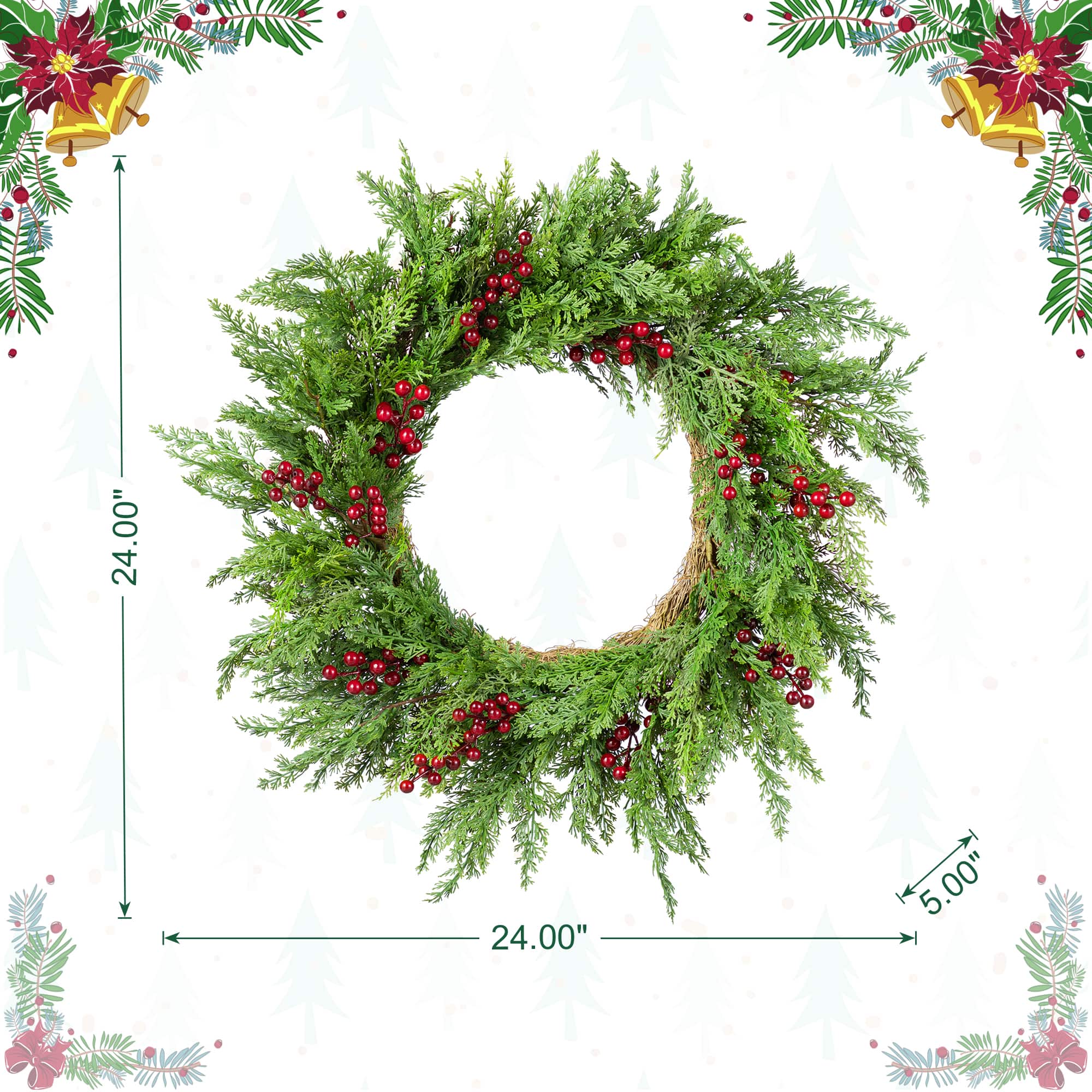 Glitzhome&#xAE; 24&#x22;D Christmas Greenery PE Cedar Wreath with Red Berries