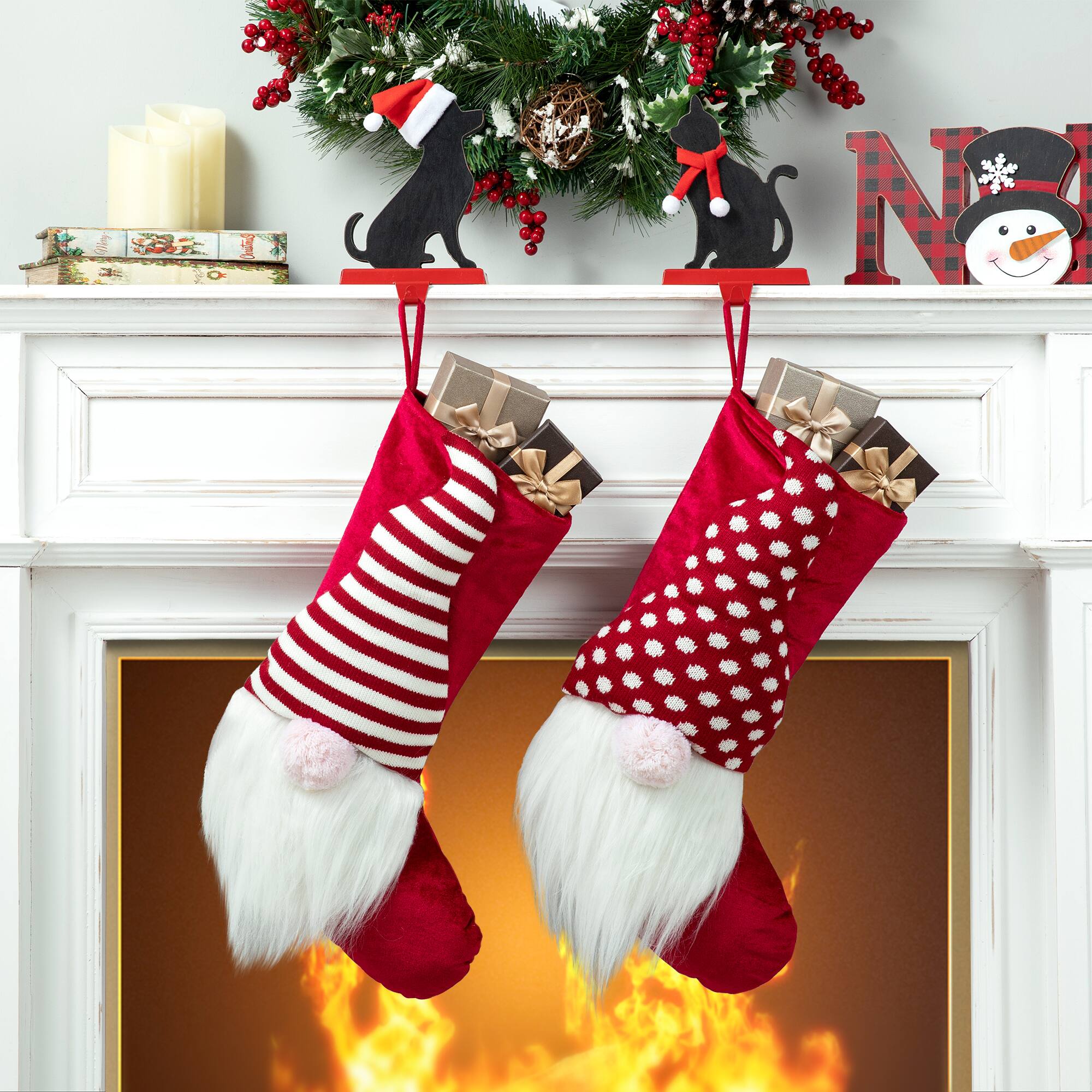 Glitzhome&#xAE; 21.75&#x27;&#x27; 3D Fabric Christmas Gnome Stripes &#x26; Dots Stocking