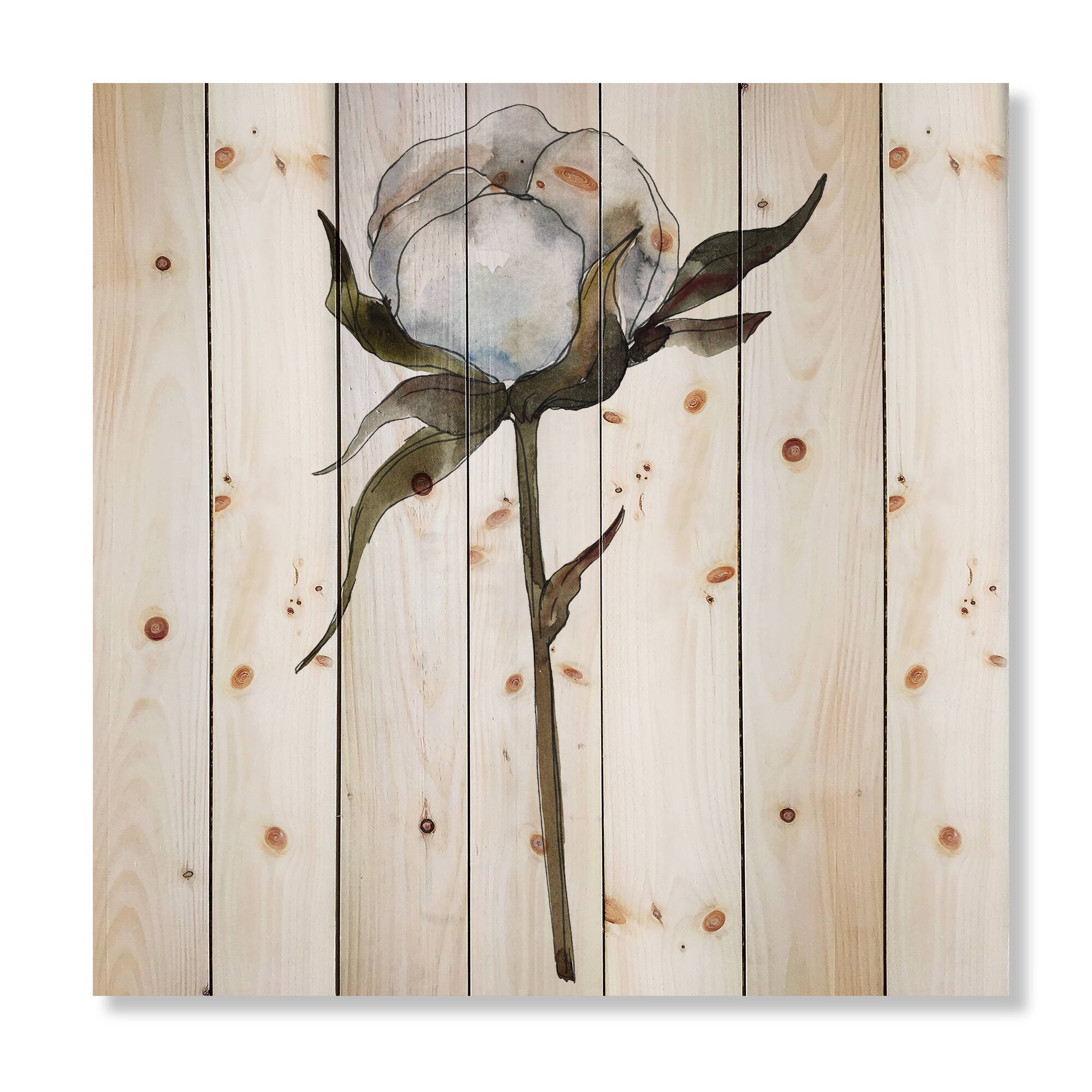 Designart - Retro Cotton Flower - Traditional Print on Natural Pine Wood