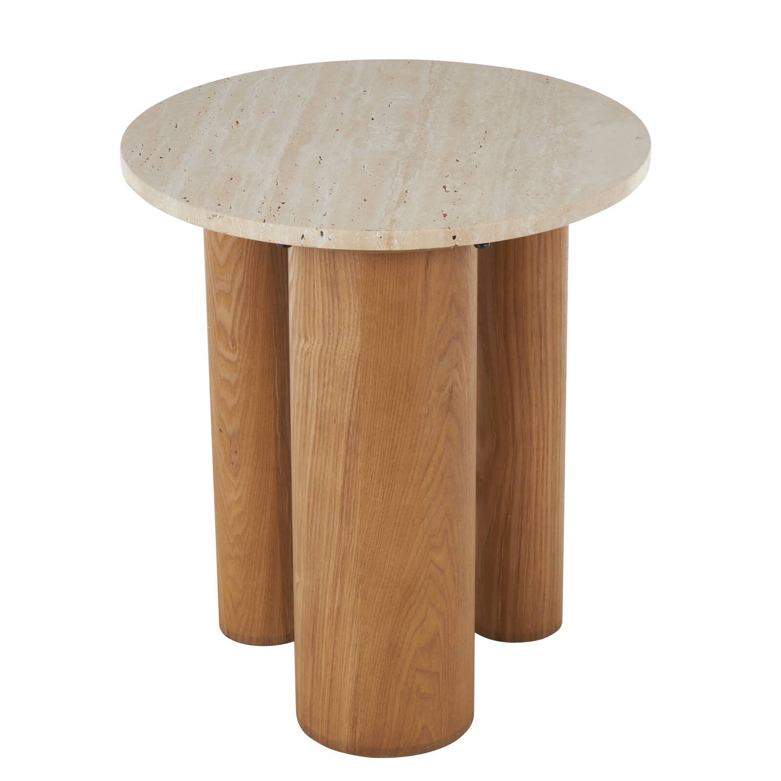 20" Brown Wood with Beige Marble Tabletop Accent Table
