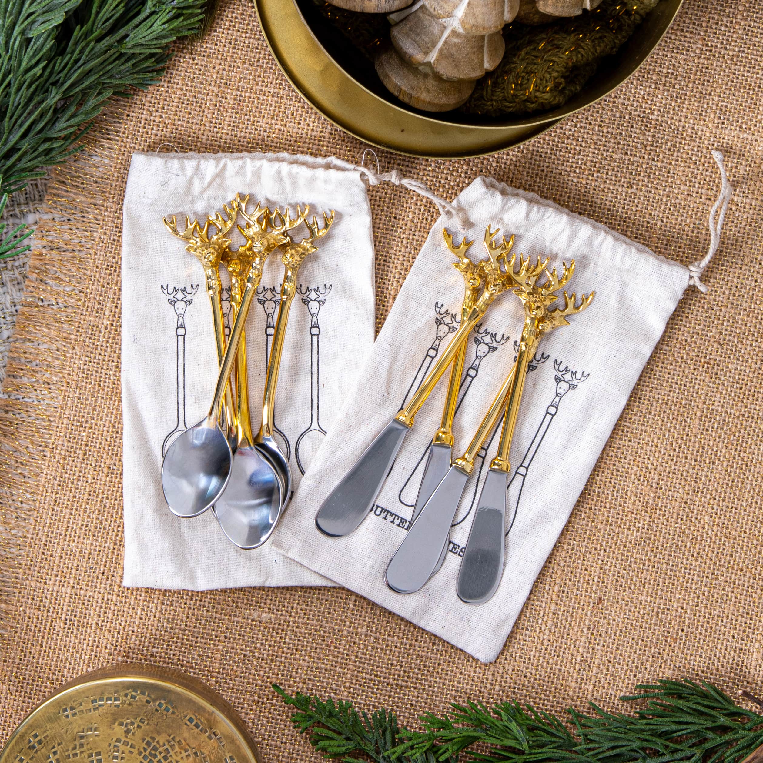 Gold Reindeer Handle Stainless Steel &#x26; Brass Spoon Set