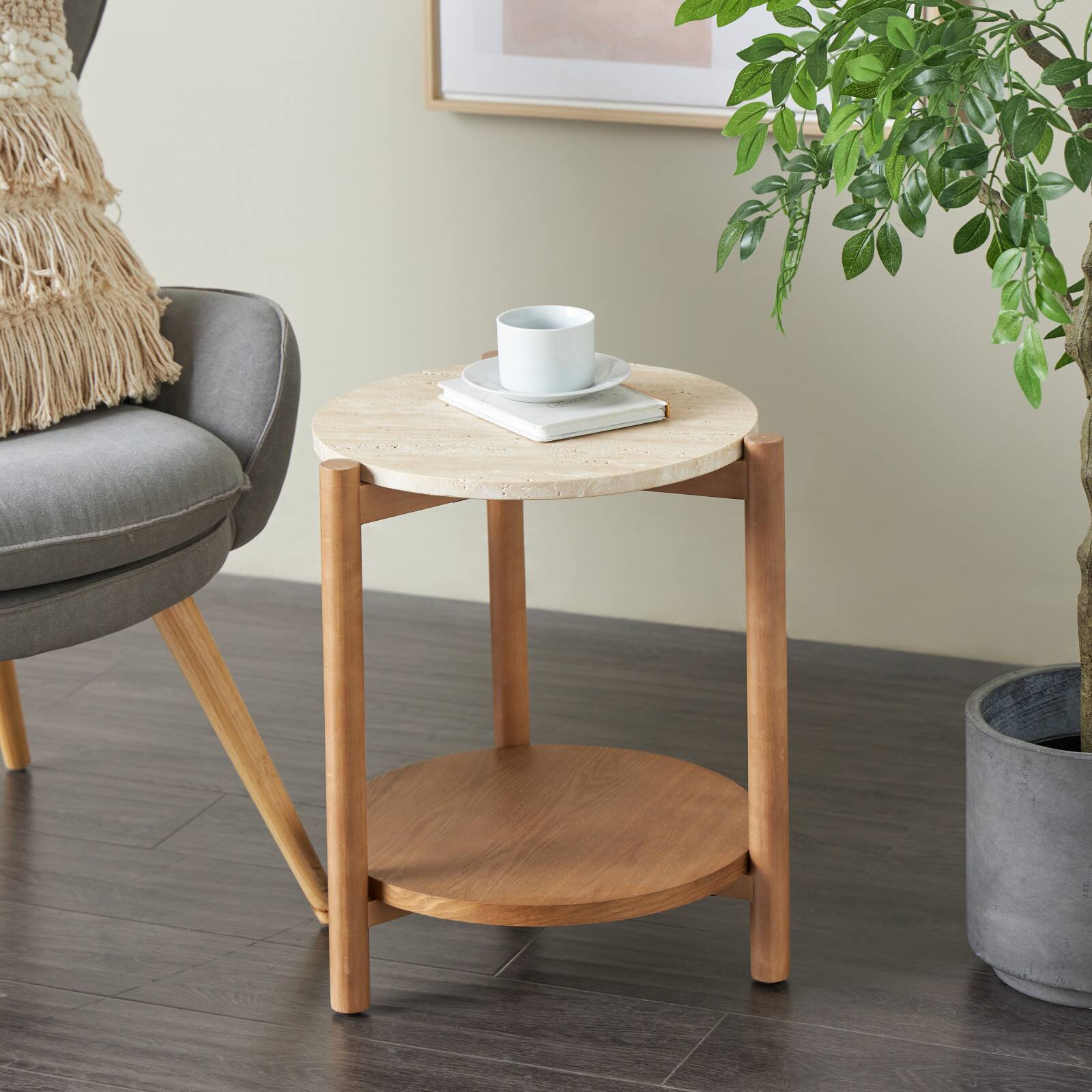 20.25" Brown Wood Handmade Round Side End Accent Table with Beige Marble Top