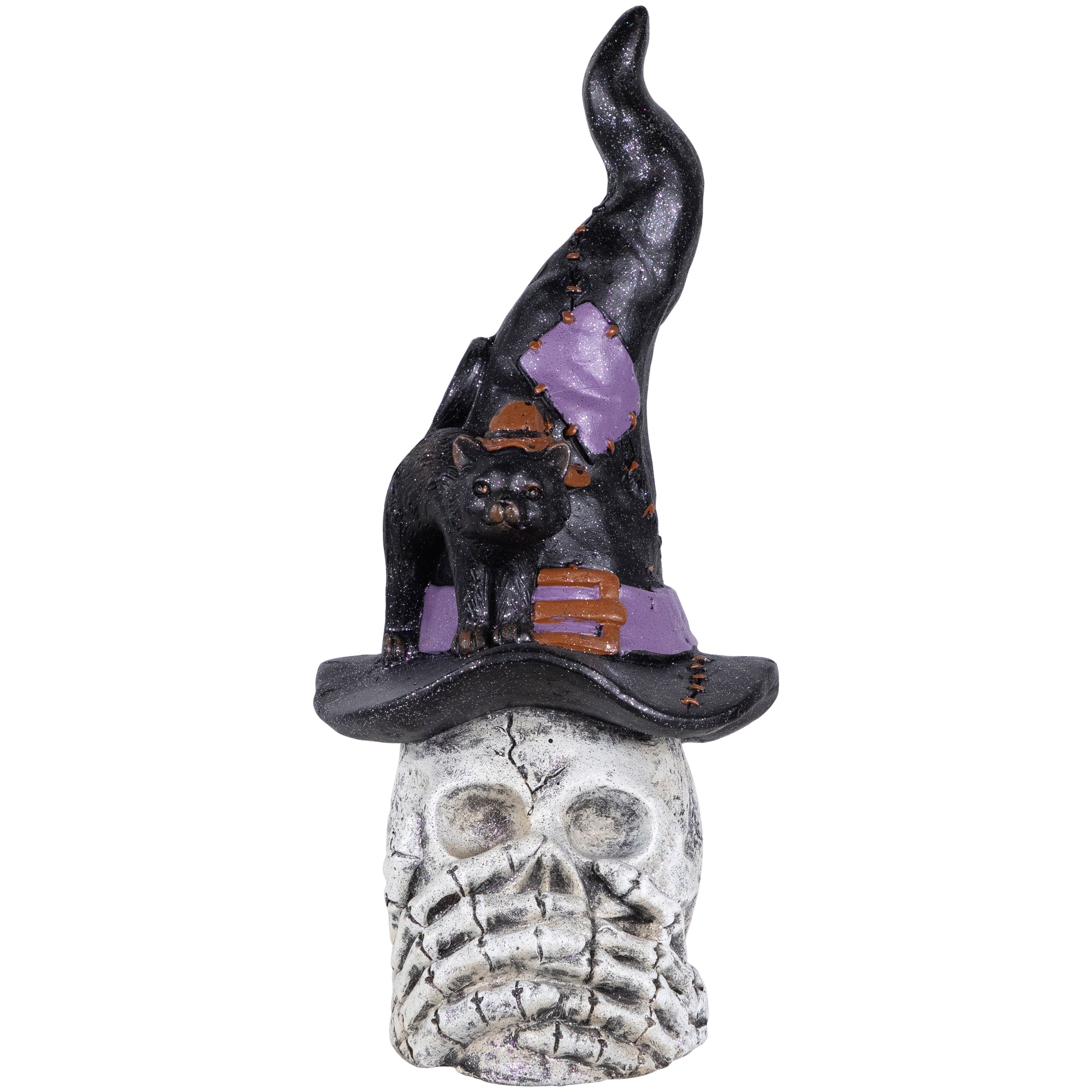 22.75" Skull in Witch Hat with Black Cat Halloween Decoration