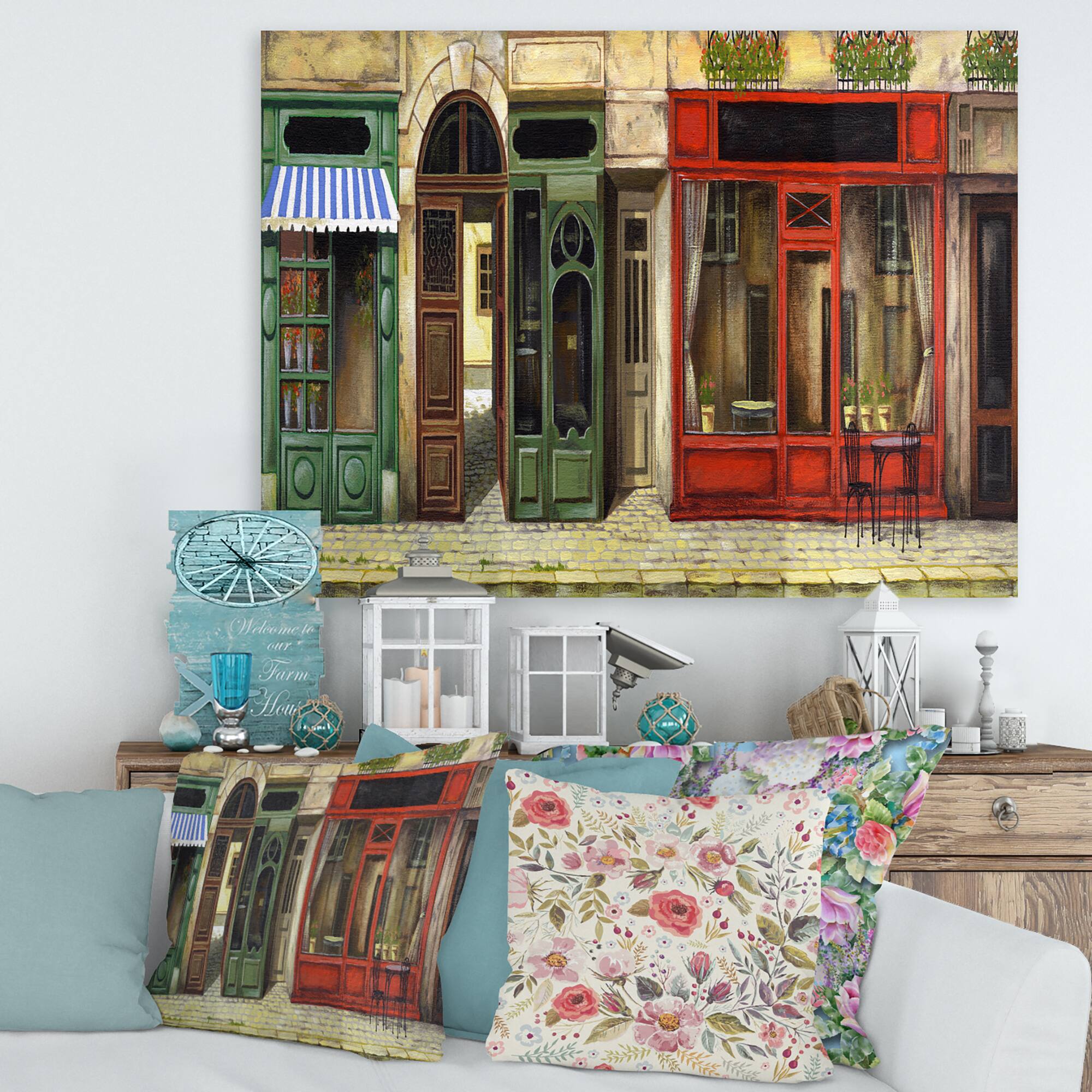 Designart - Red Facade of Charming Shop In Paris II - French Country Canvas Wall Art Print