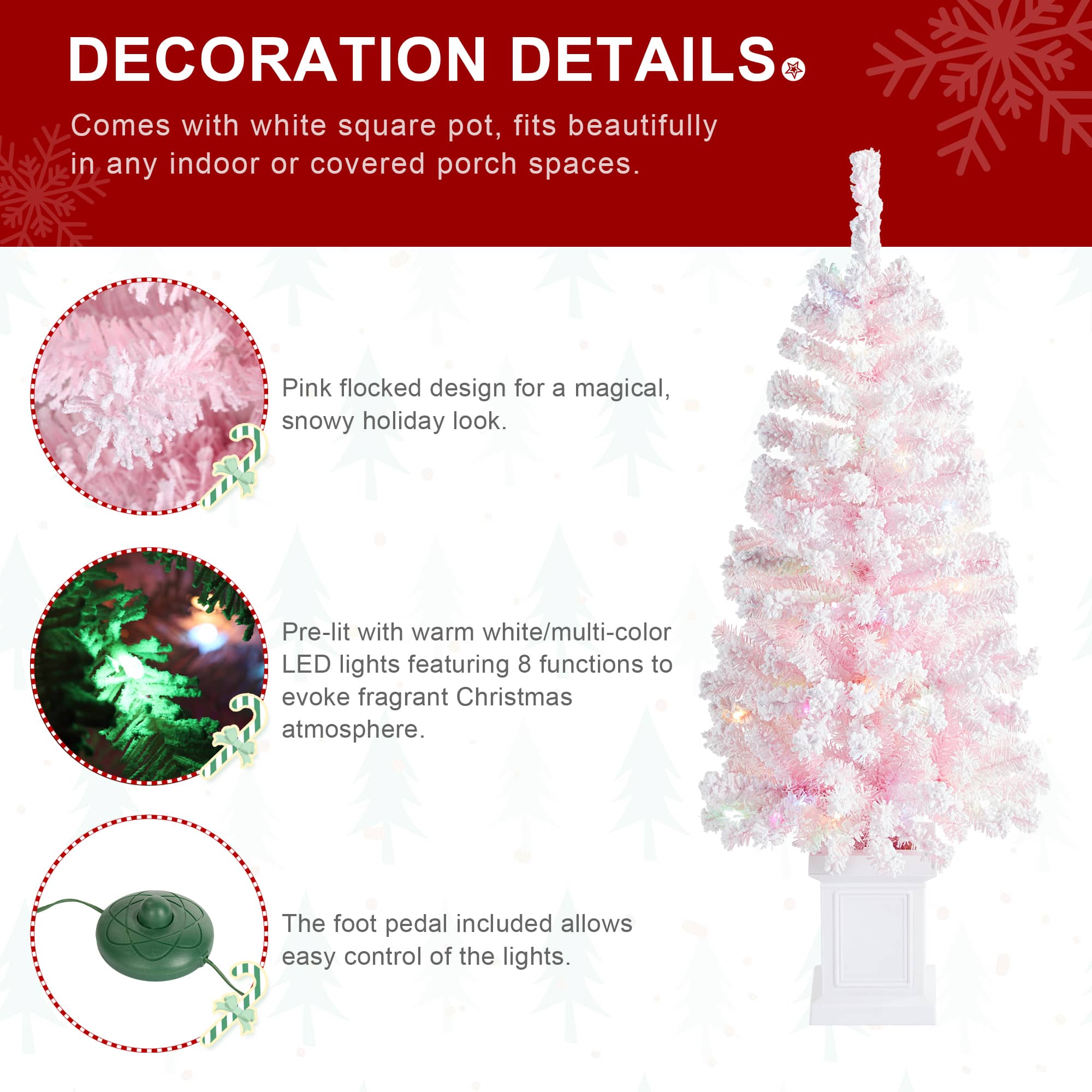 Glitzhome&#xAE; 4ft Pre-Lit Flocked Pink Artificial Christmas Porch Tree, Multi-color LED Lights