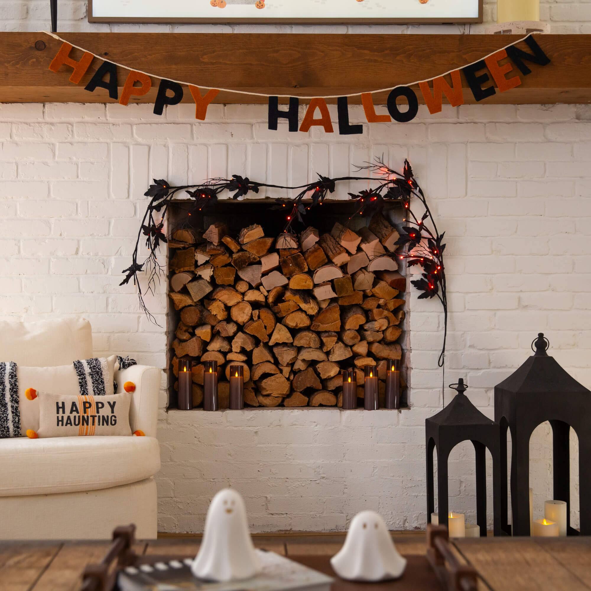 6.5ft. Pre-Lit Artificial Halloween Black Maple Garland with 48 Orange & Purple LED Lights