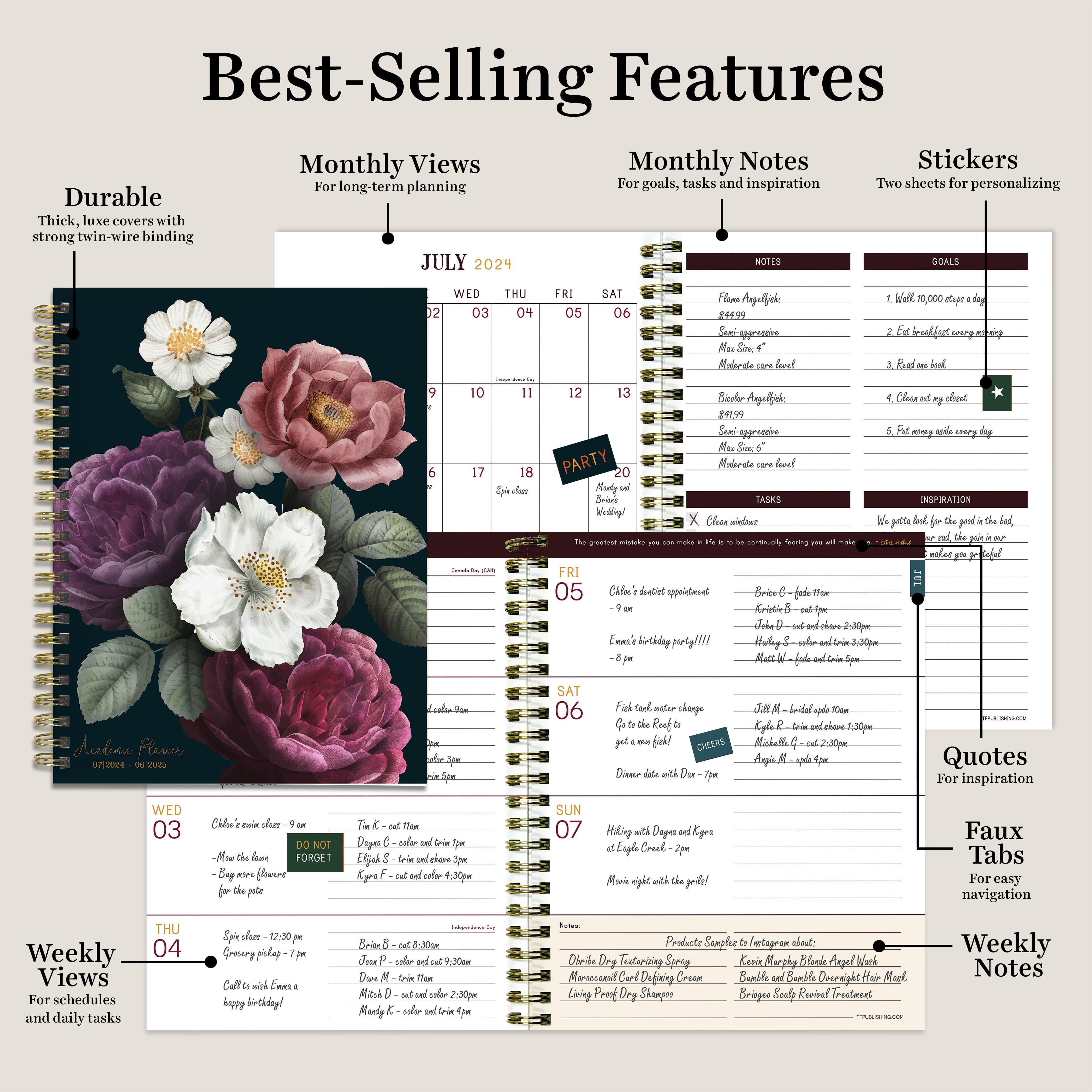 TF Publishing 2024 - 2025 Peony &#x26; Petals Medium Spiral Planner