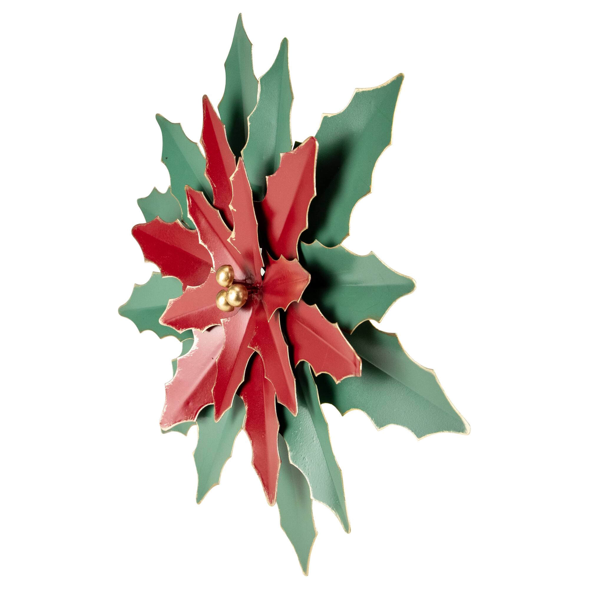 16.25" Large Red and Green Metal Poinsettia Christmas Wall Hanging