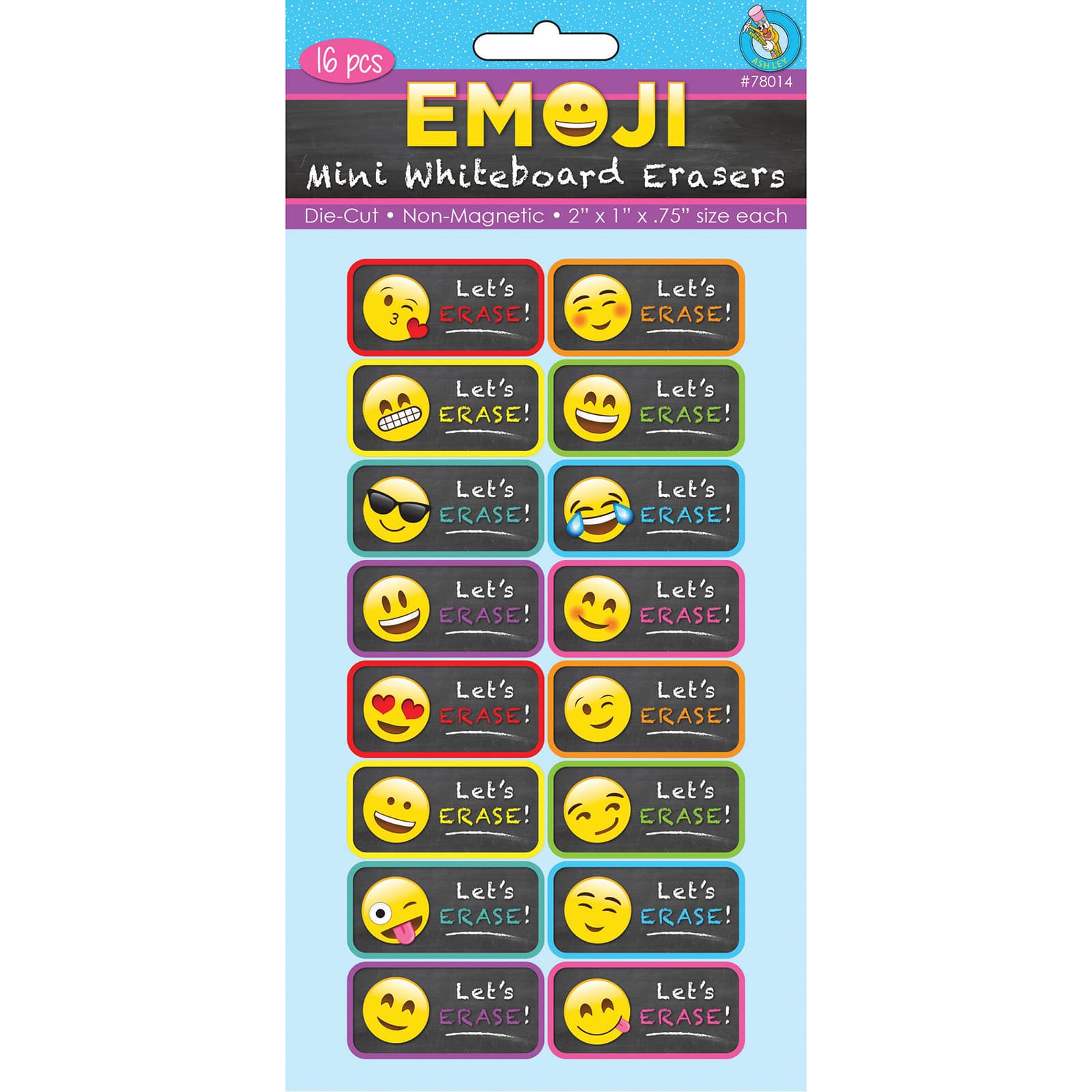 Ashley Productions Emotions Icons Non-Magnetic Mini Whiteboard Erasers, 16ct.