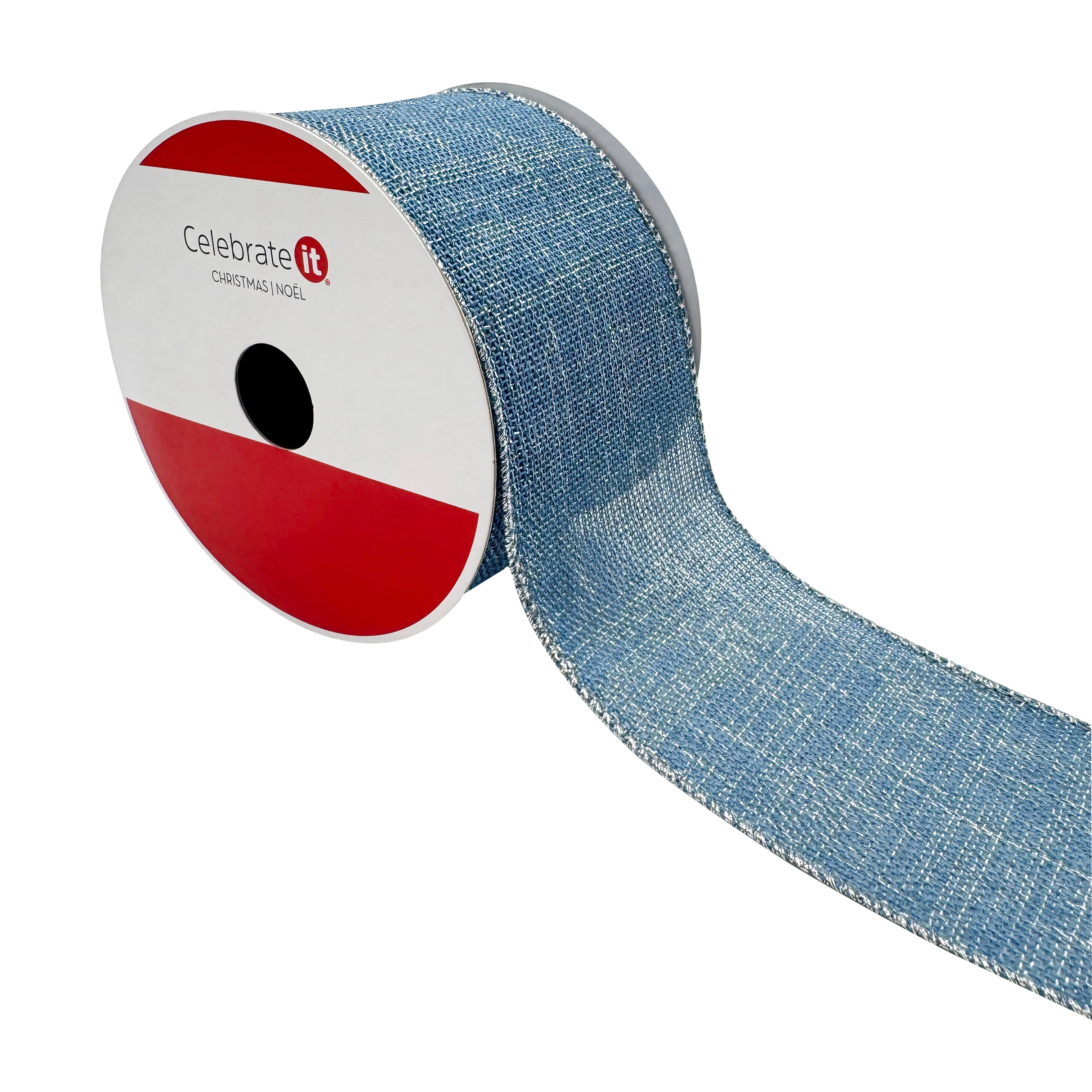 2.5" x 20ft. Light Blue & Silver Wired Faux Linen Ribbon by Celebrate It®