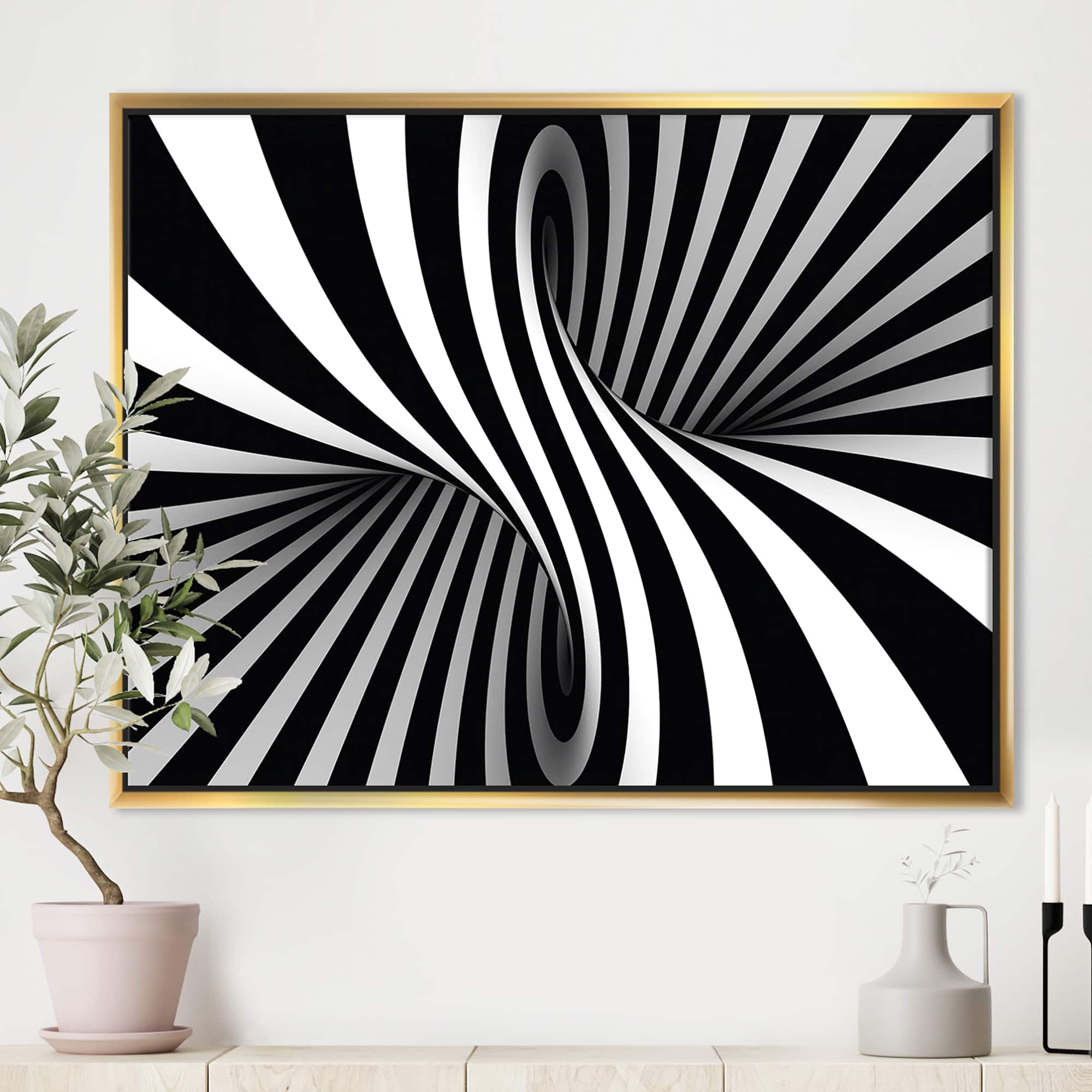Designart - Black and White Spiral - Abstract Framed Canvas Art Print