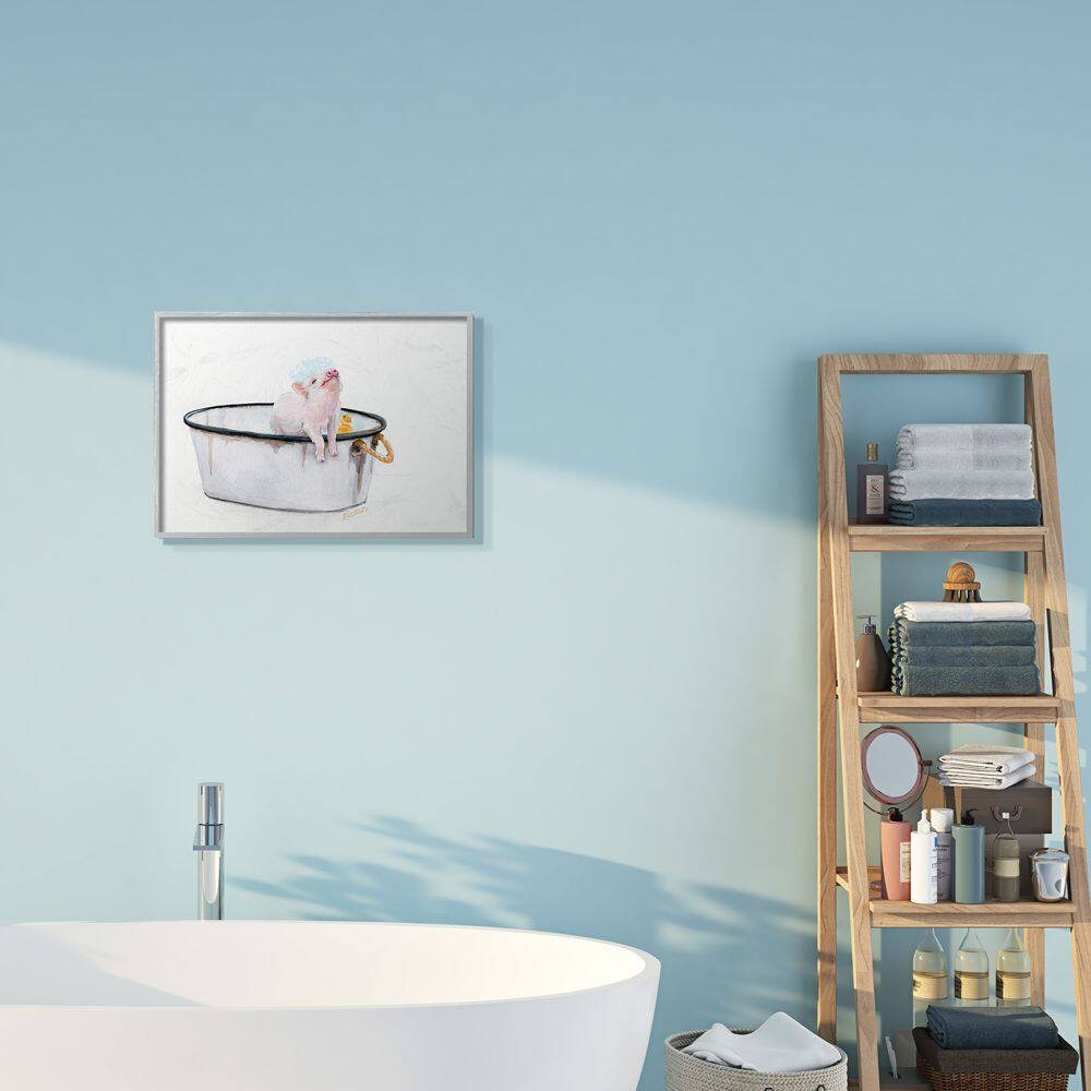 Stupell Industries Piggy Bath with Rubber Ducky Adorable Farm Animal in Gray Frame Wall Art