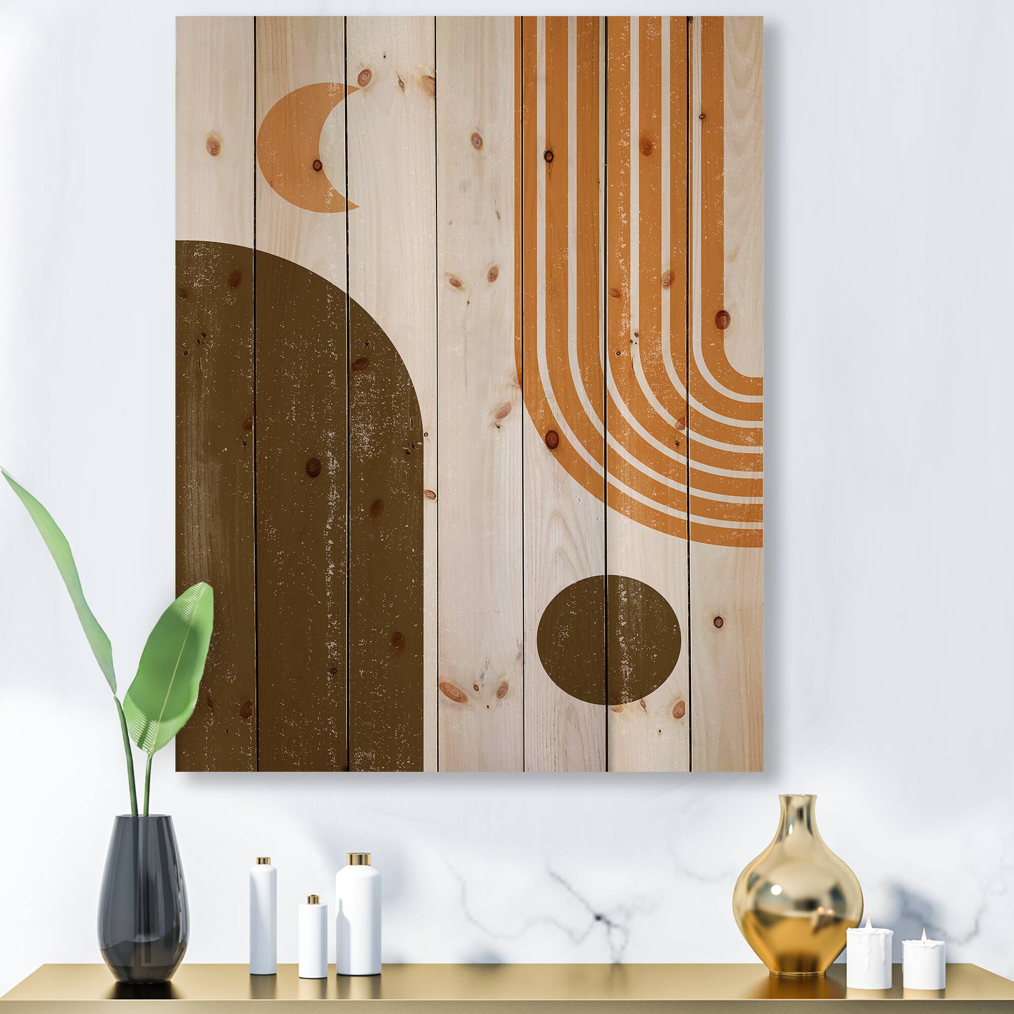 Designart - Abstract Geometric Rainbow In Earth Tones - Modern Print on Natural Pine Wood