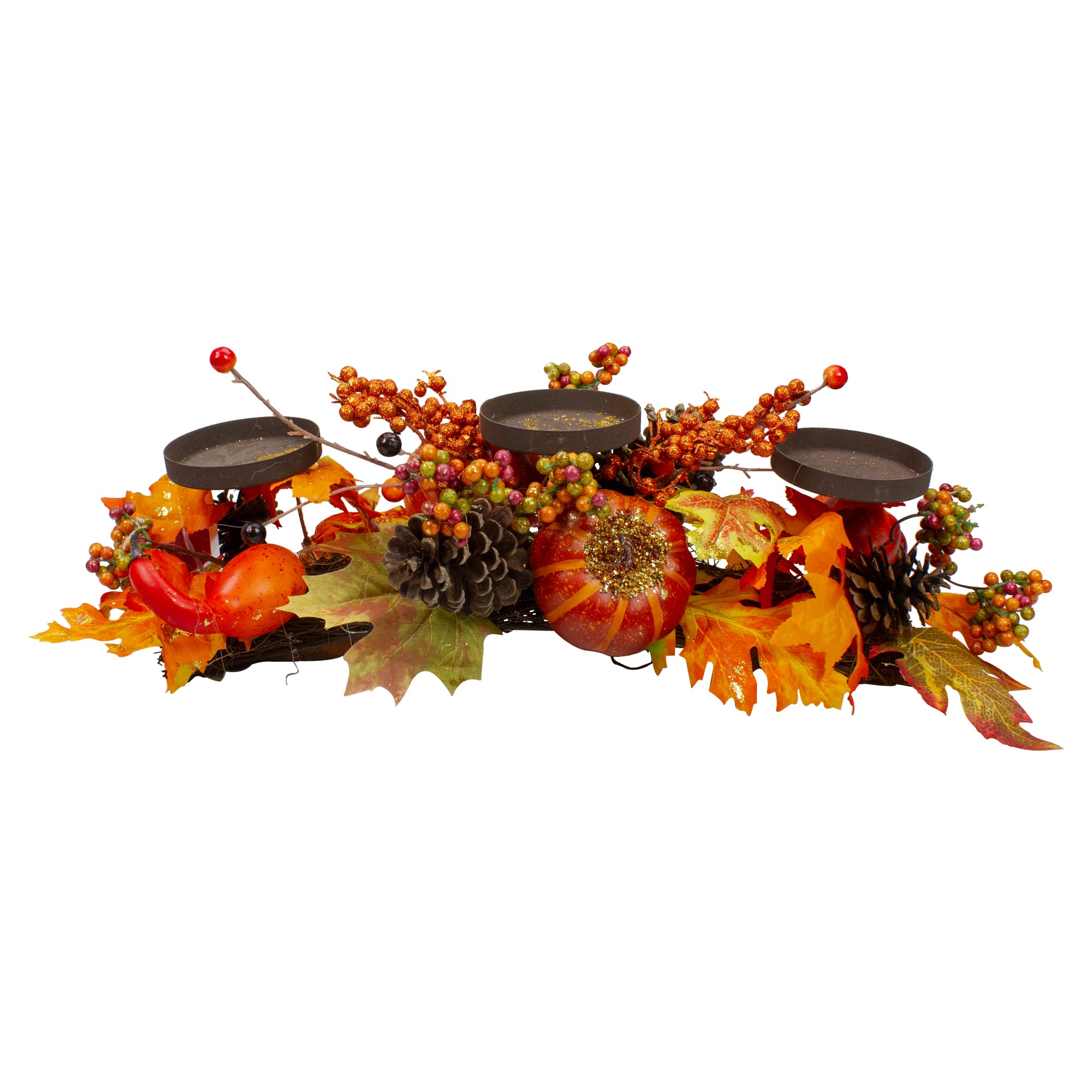 21&#x22; Orange Fall Harvest Leaves &#x26; Pumpkins Candle Holder