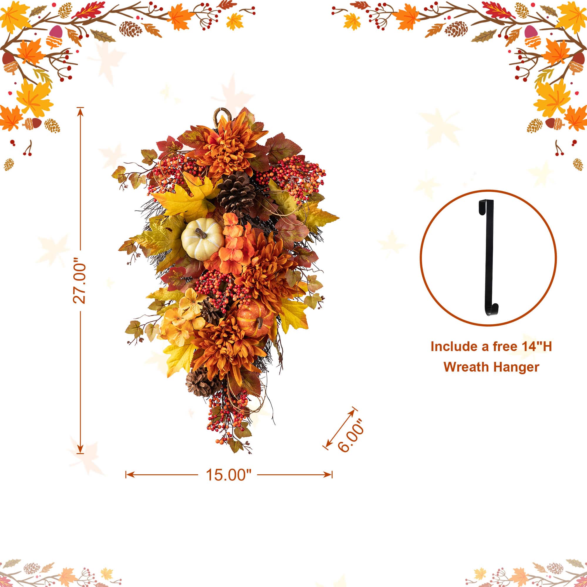 Glitzhome&#xAE; 27&#x22; Fall Dahlia, Pumpkin, Leaf &#x26; Berry Swag