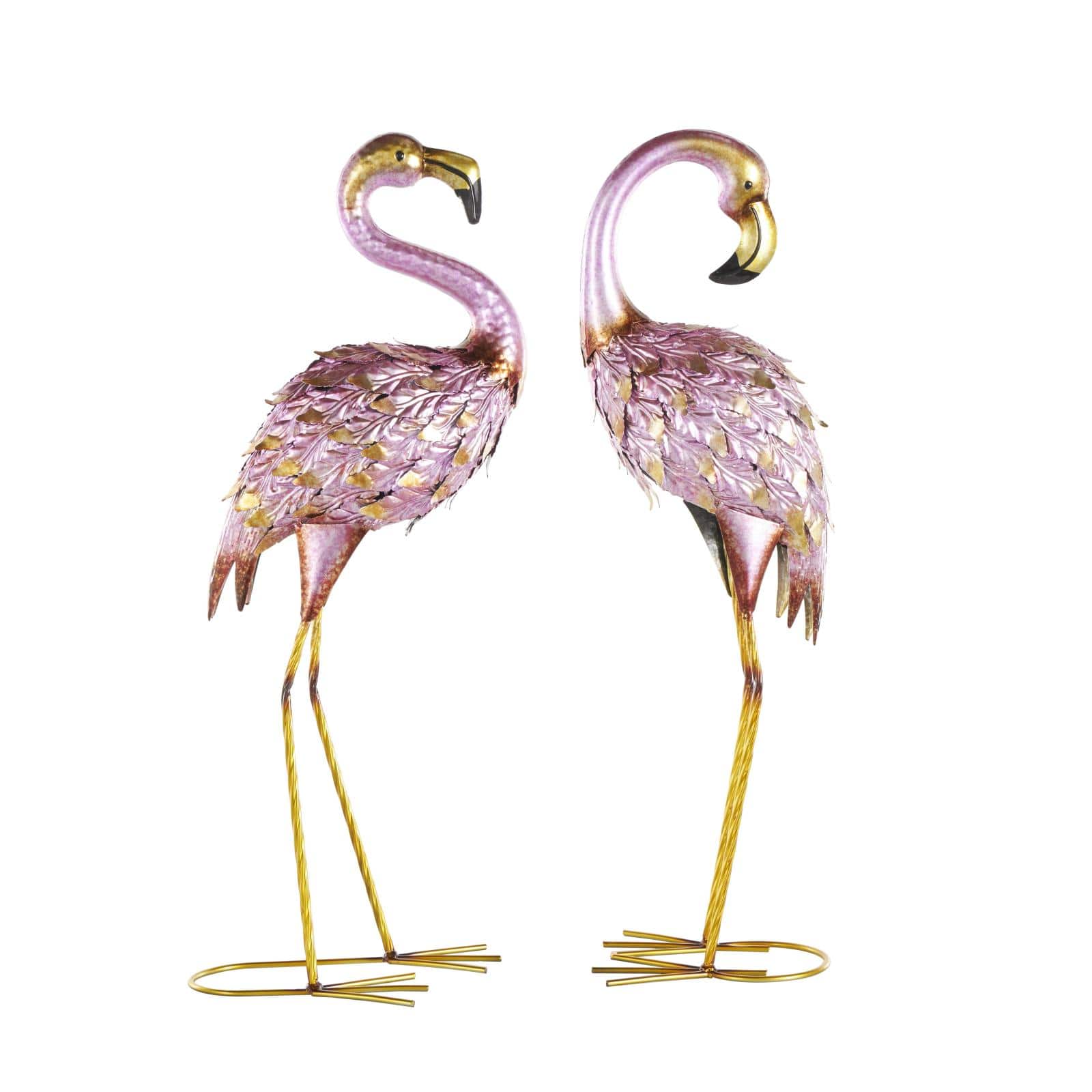 25" Pink & Gold Metal Flamingo Garden Sculpture Set with Dimensional Feathers